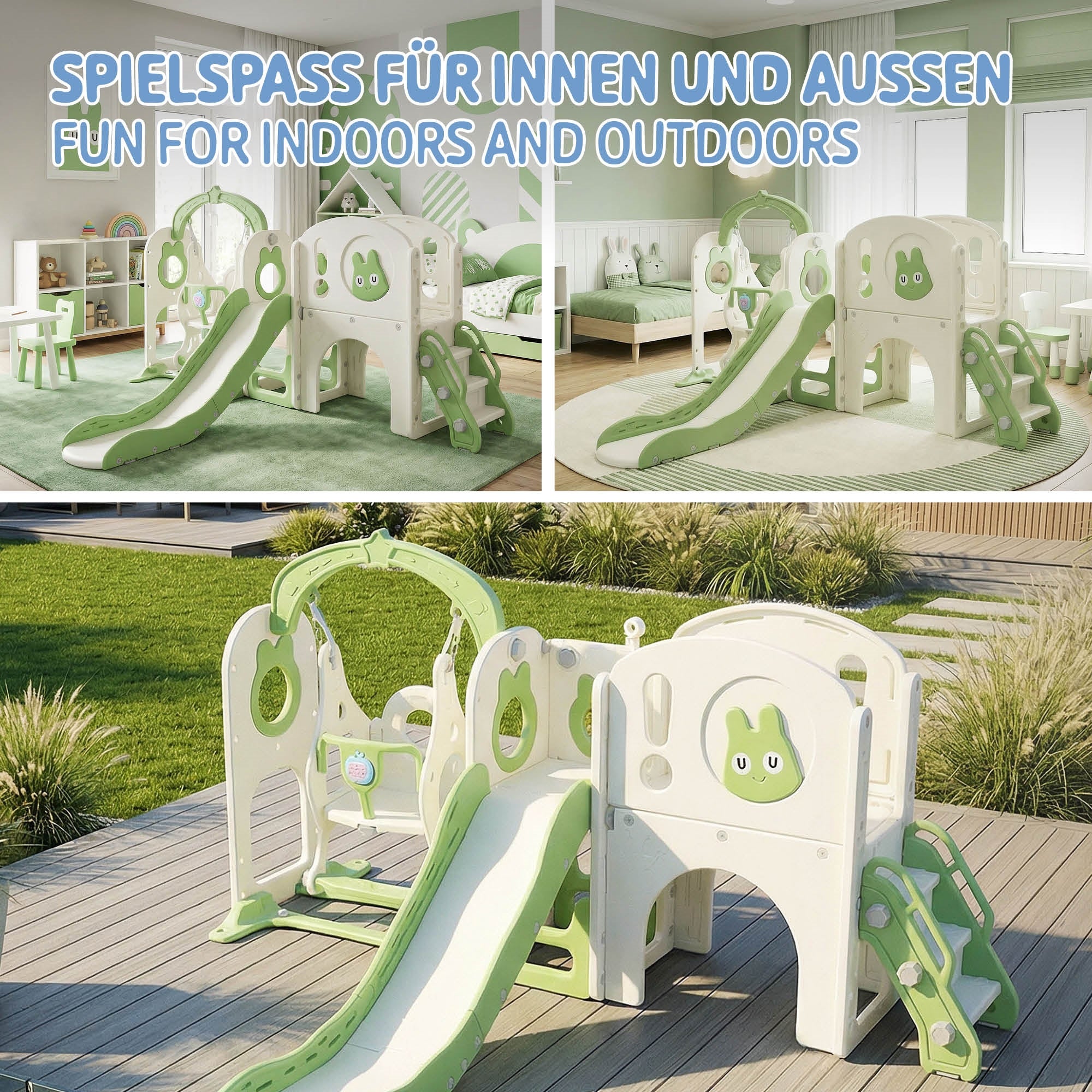 Playground with slide and climbing frame in a bright room.