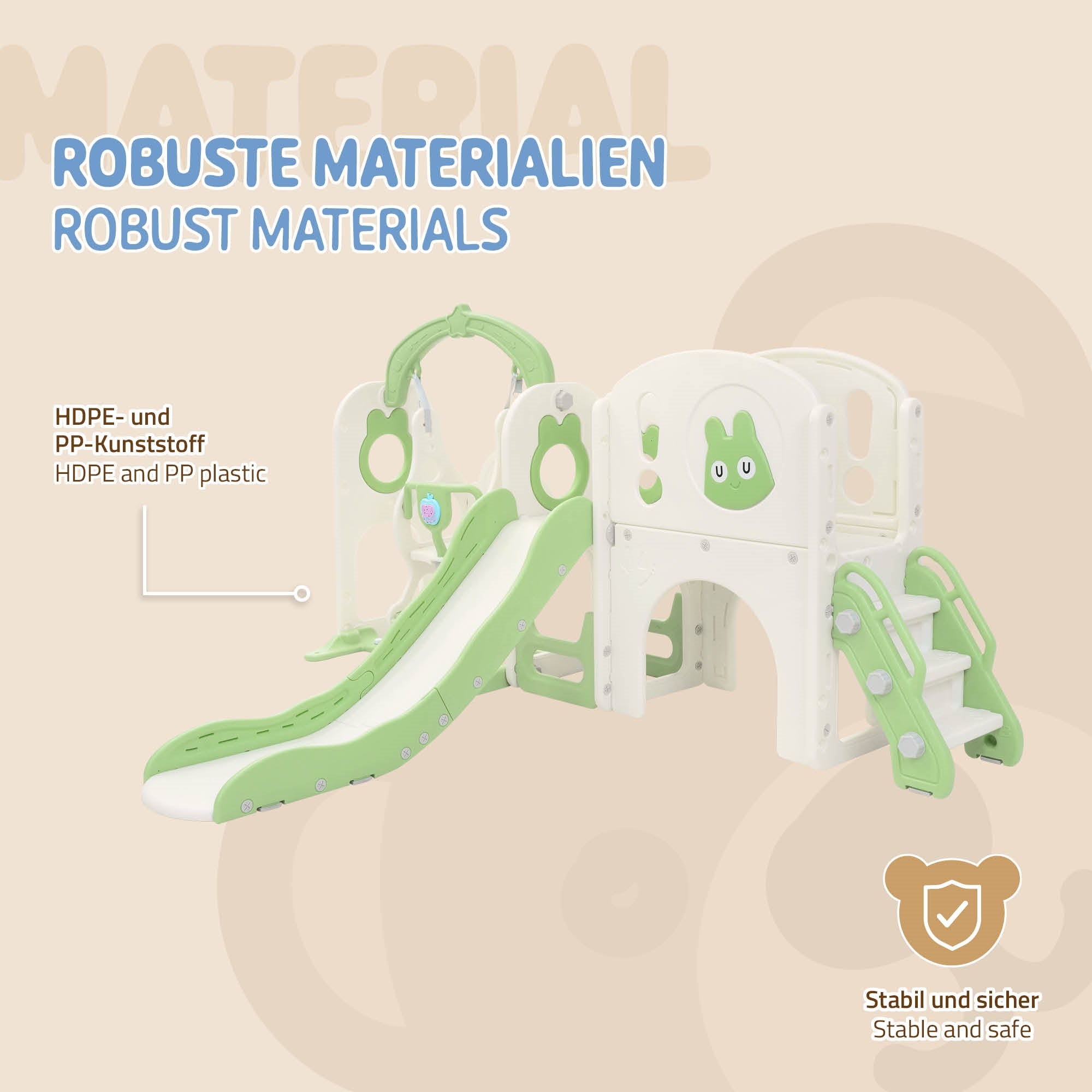 Graphic of materials of the play tower, showing stability and safety.