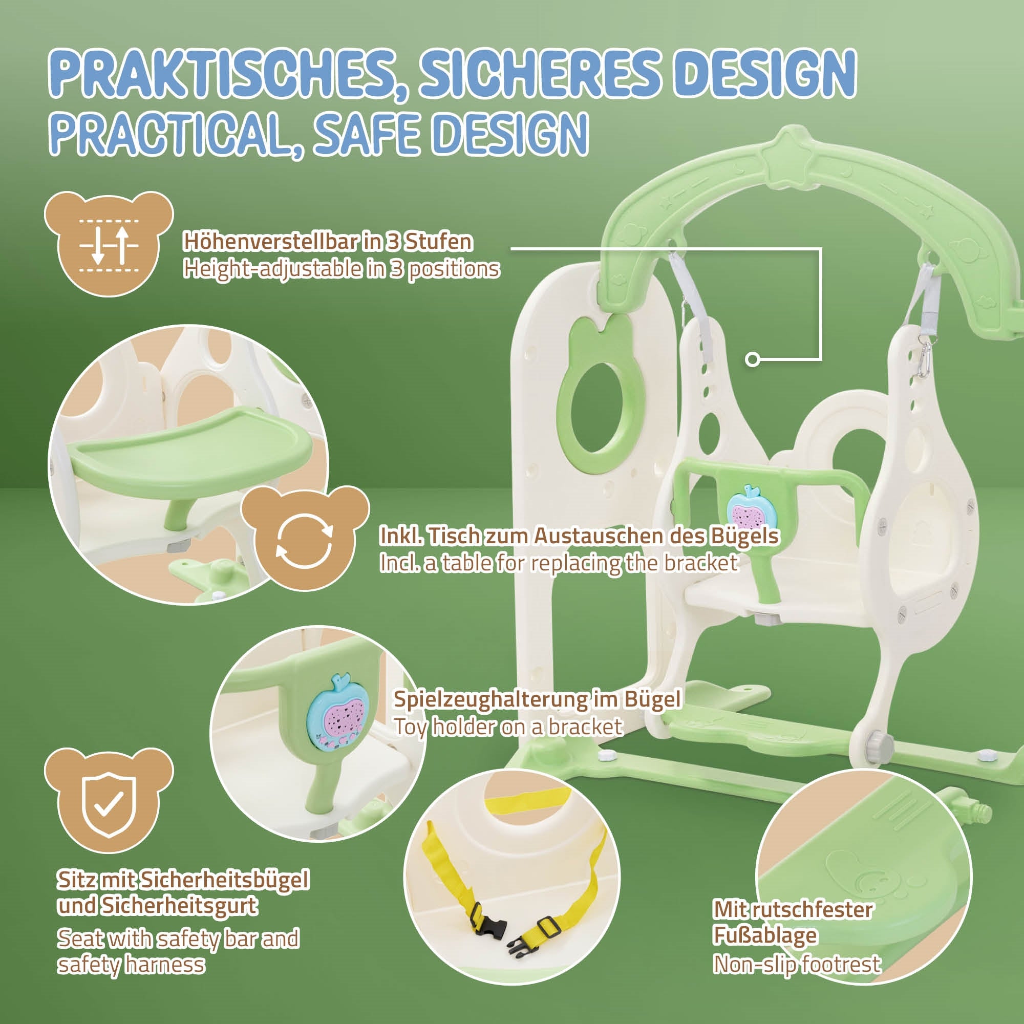 Grafik mit sicherem Design, zeigt Funktionen und Sicherheitshinweise.