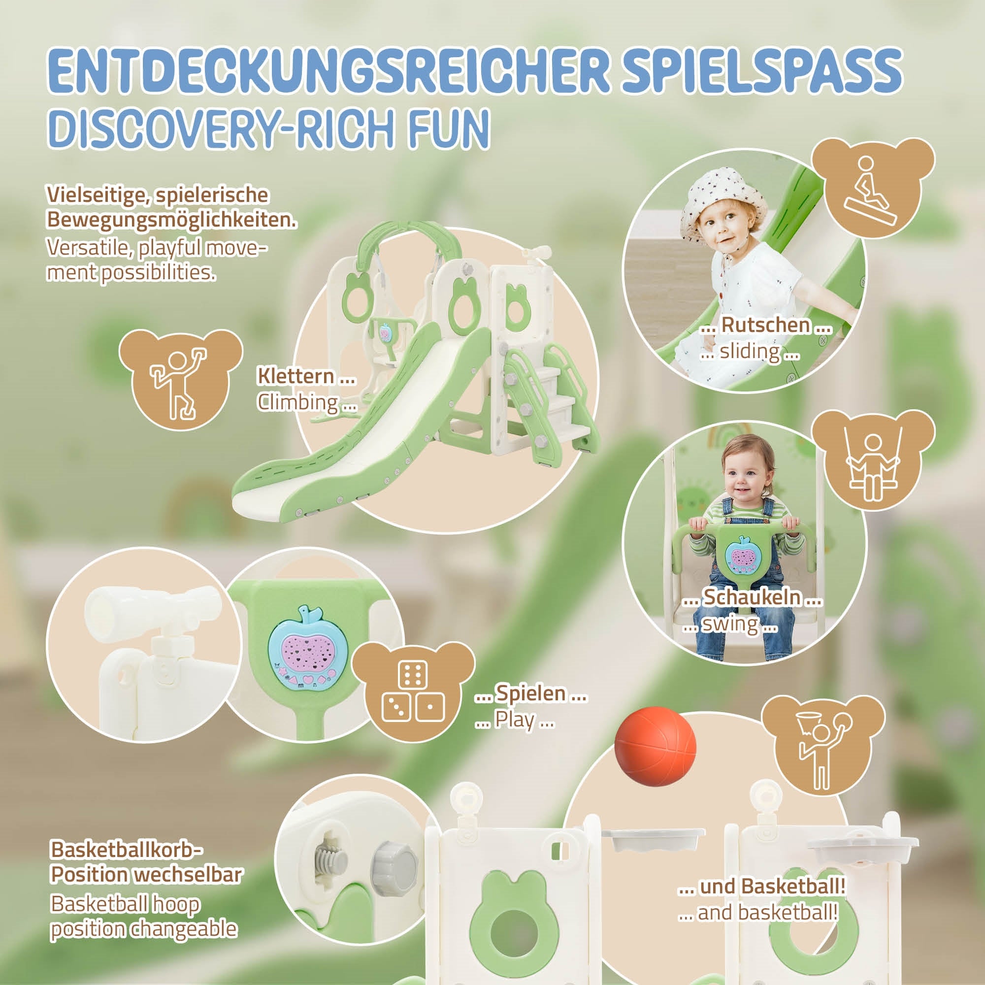 Spielturm mit verschiedenen Spielmöglichkeiten, inklusive Rutsche.