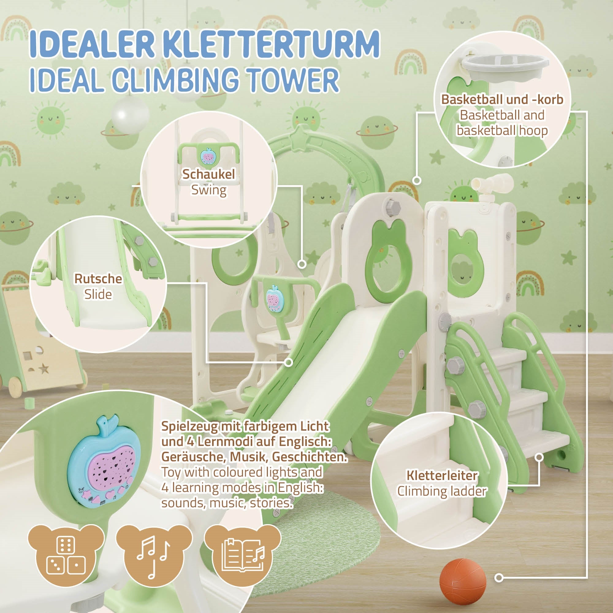 Kletterturm mit Rutsche, Schaukel und Basketballkorb in einem Spielzimmer.