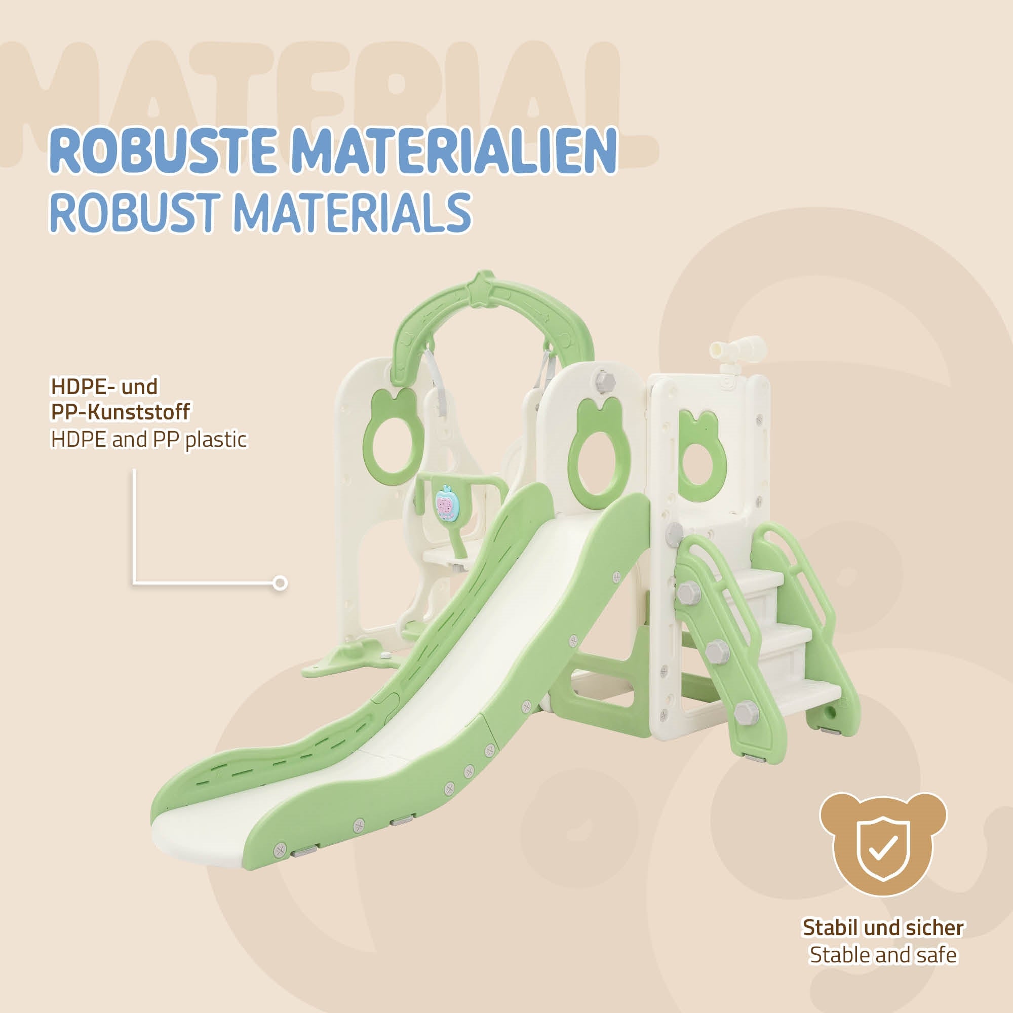 Spielgerät aus robustem Kunststoff mit Rutsche und Kletterelementen.