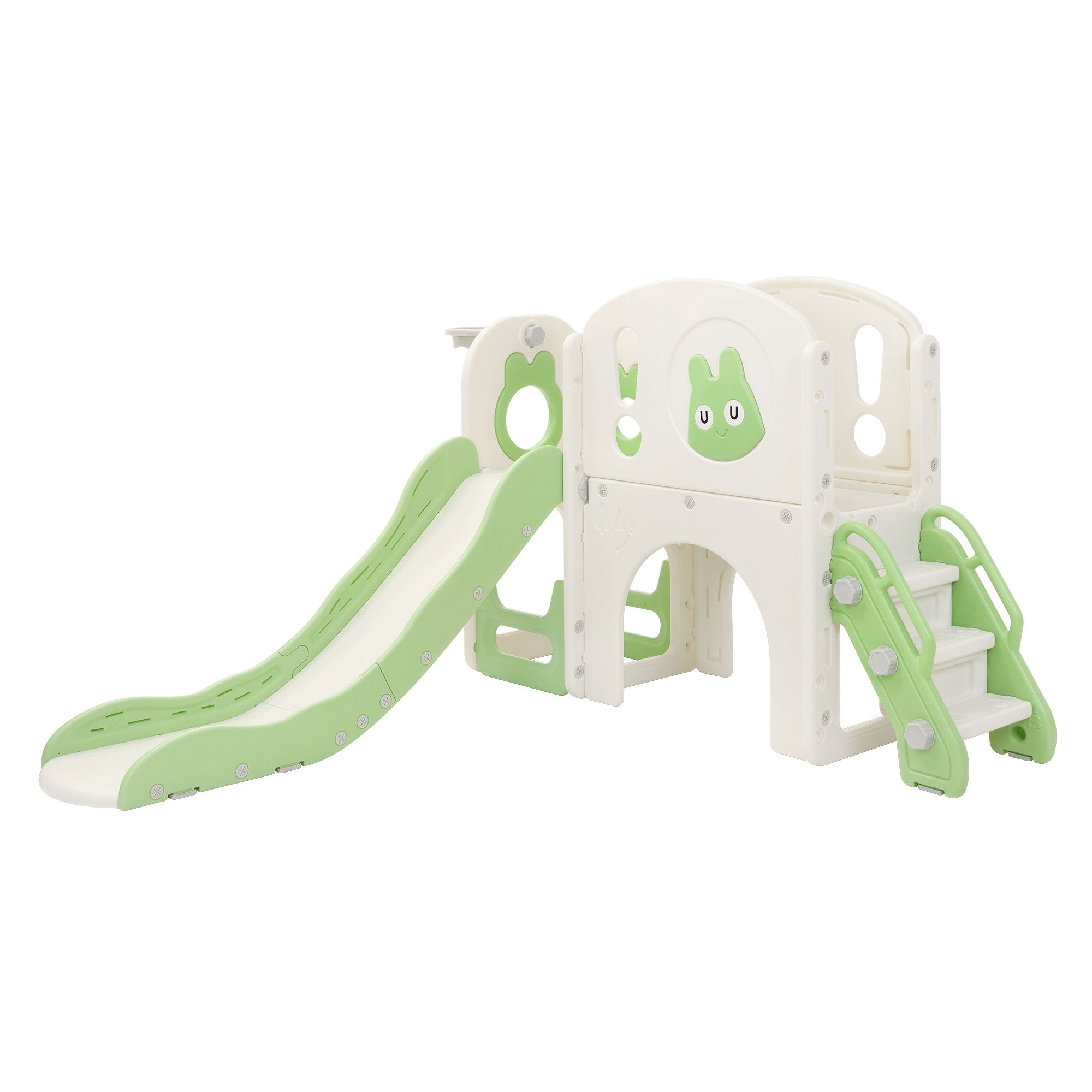 Spielplatzgerät mit Rutsche und Klettergerüst in Grün und Weiß.
