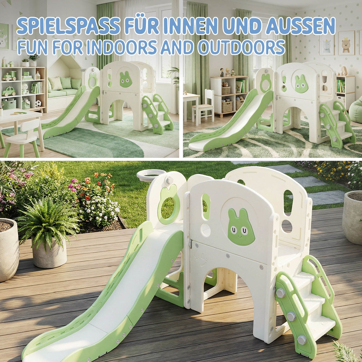 Spielgerät in einem Raum mit Rutsche und Kletterelementen, grüne und weiße Farben.
