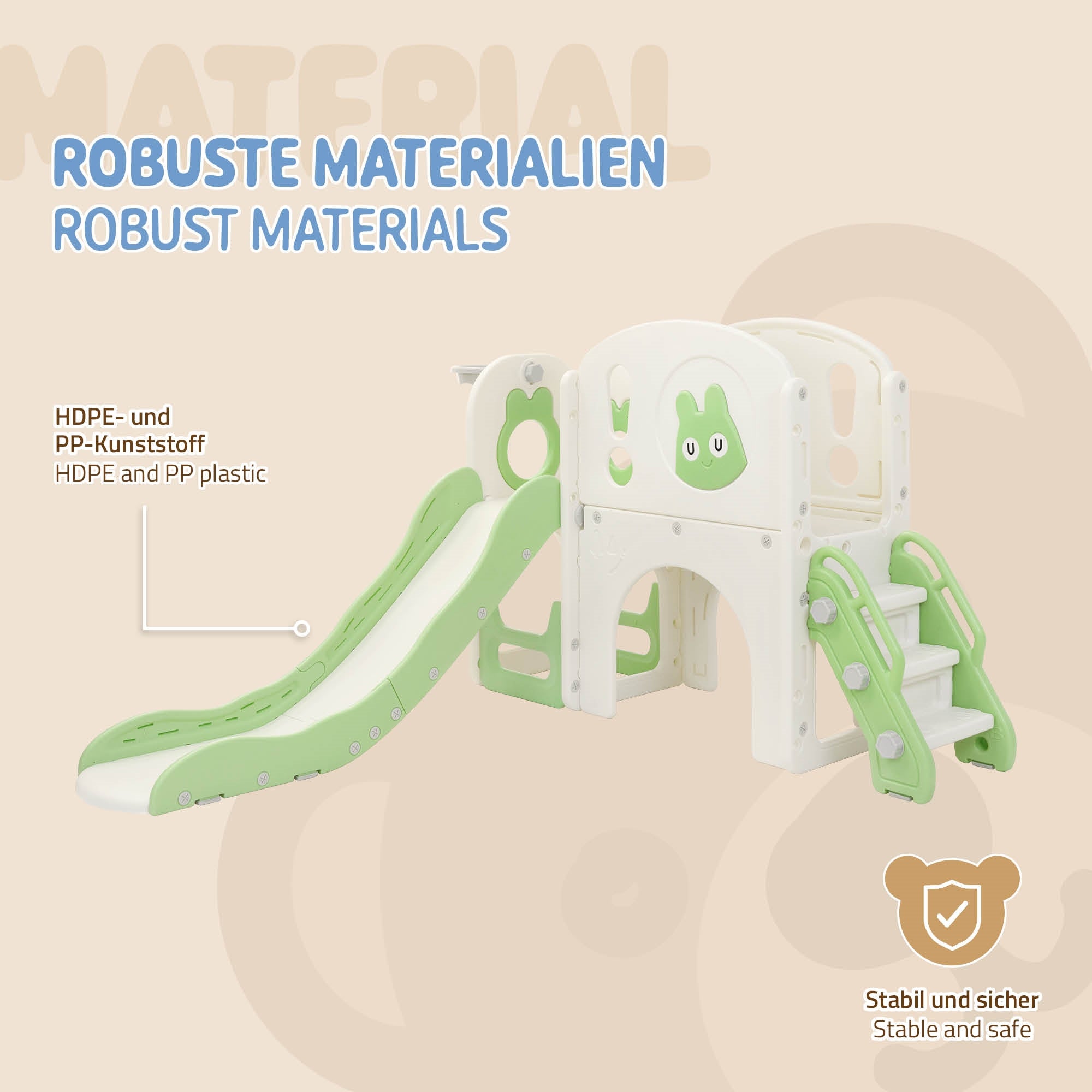 Legetårn lavet af robust materiale med rutschebane i hvid og grøn.