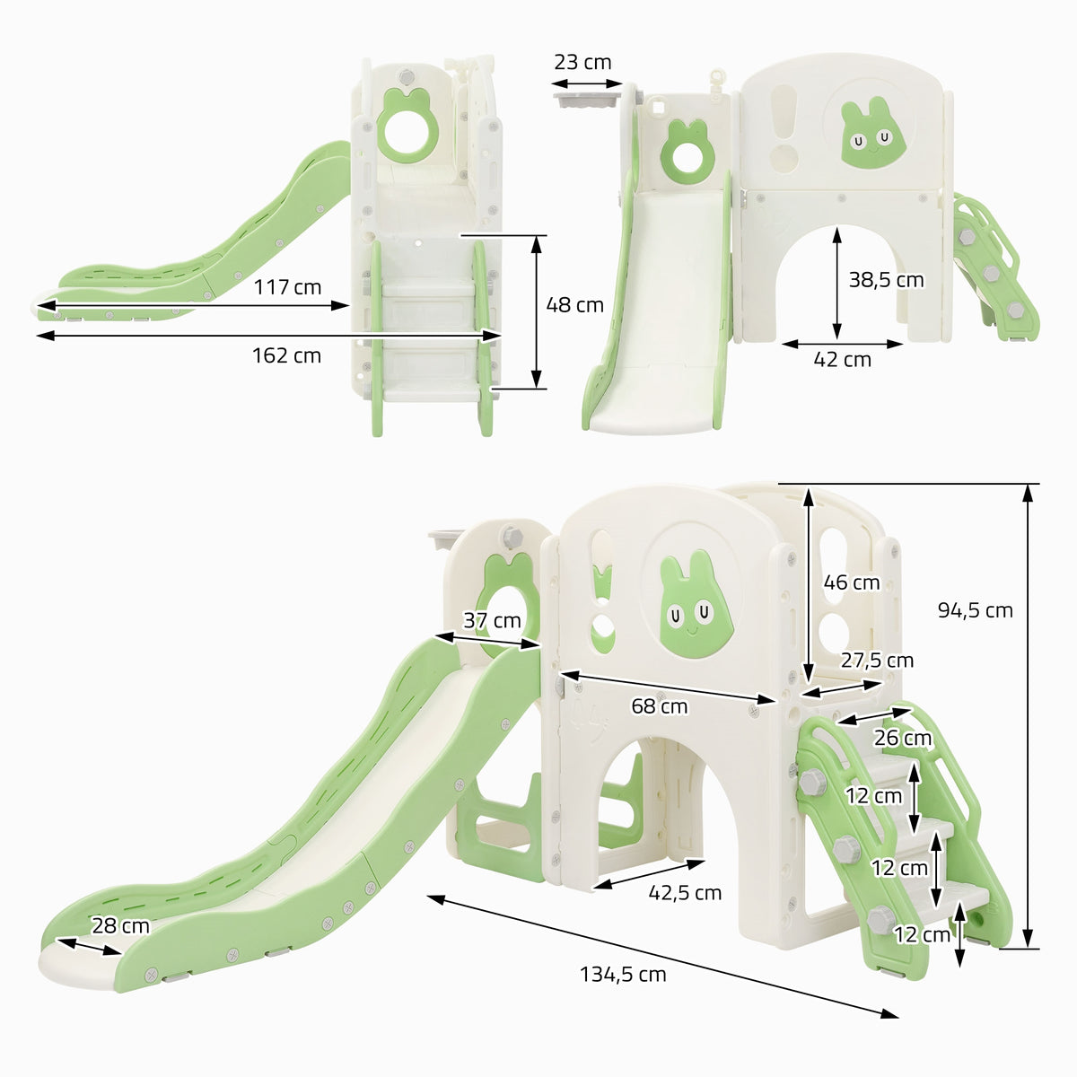 Spielturm mit Rutsche, Maße und Details in cm angegeben.