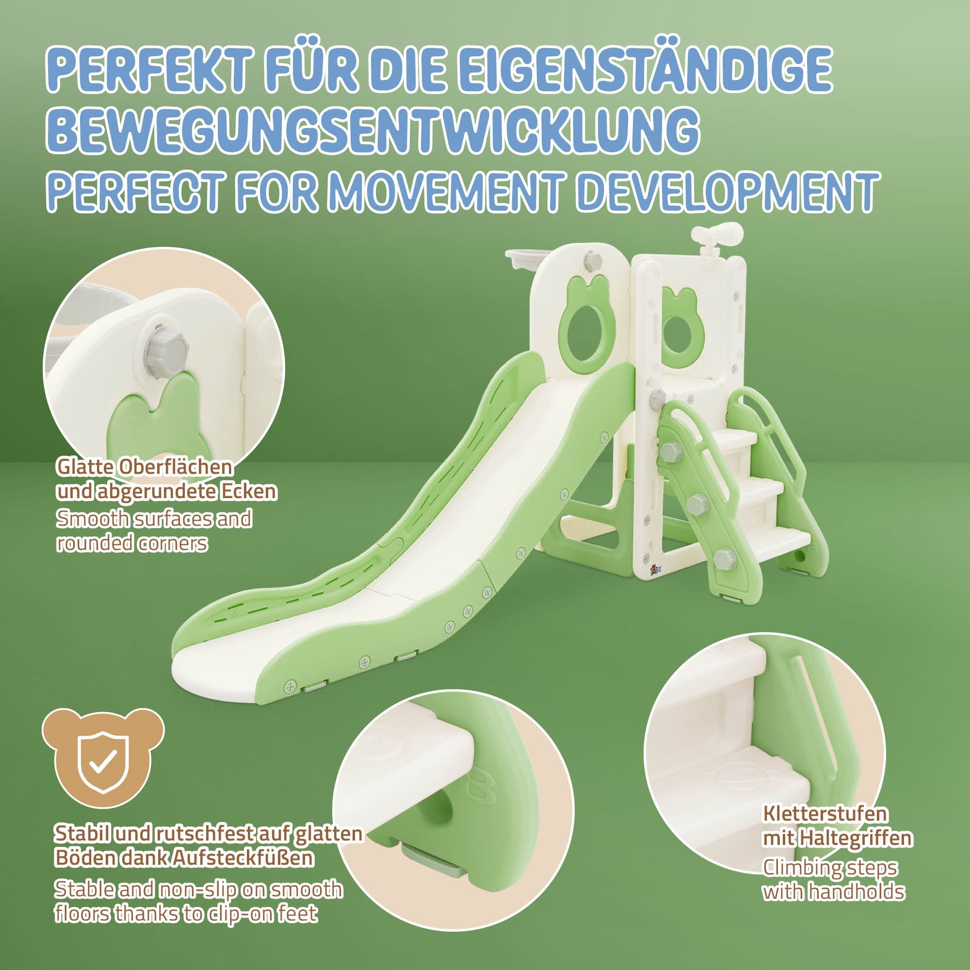Spielgerüst mit Rutsche und stabilen Haltegriffen.
