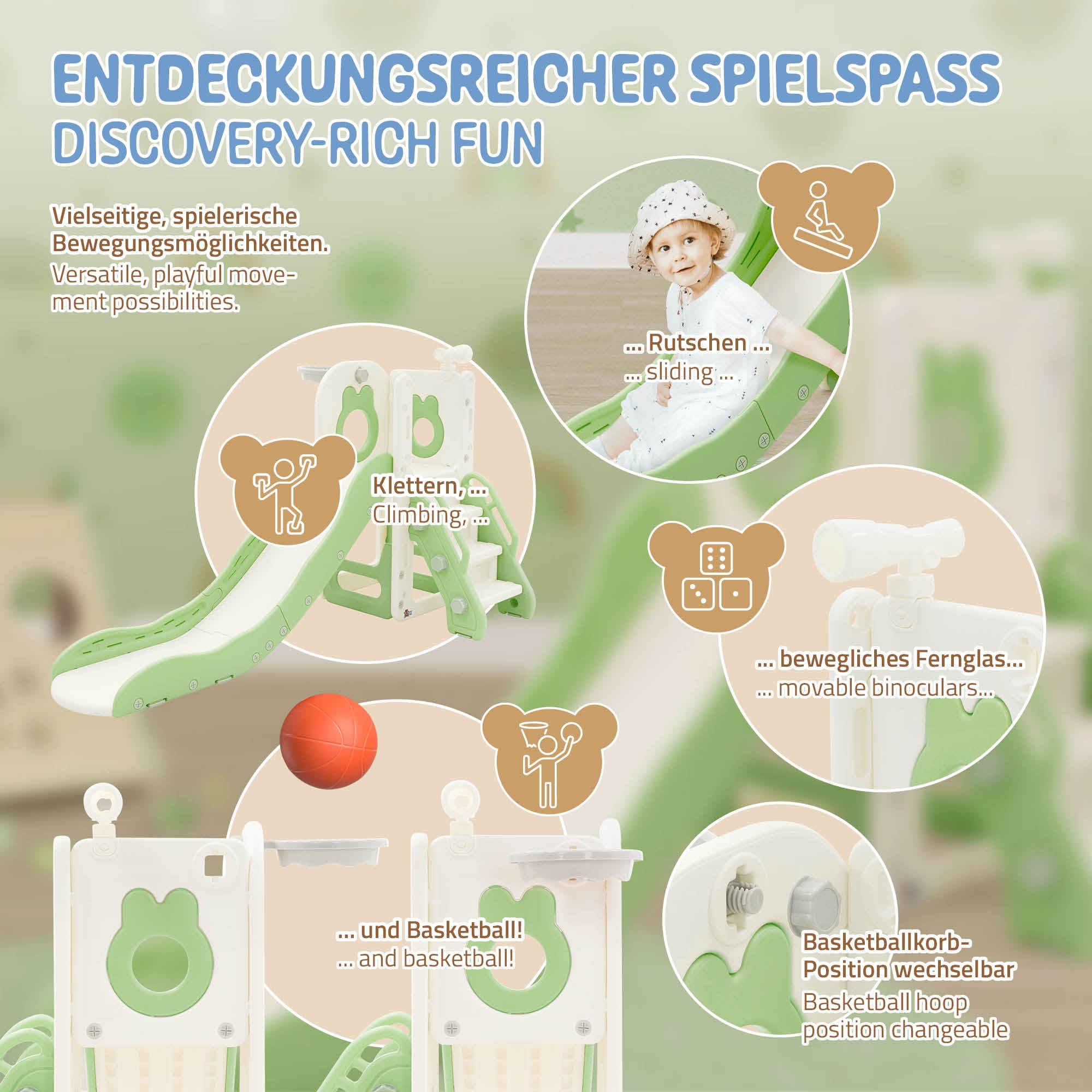 Spielplatz mit Rutsche, Kletterelementen und Spielzeug. Abgerundete Ecken.