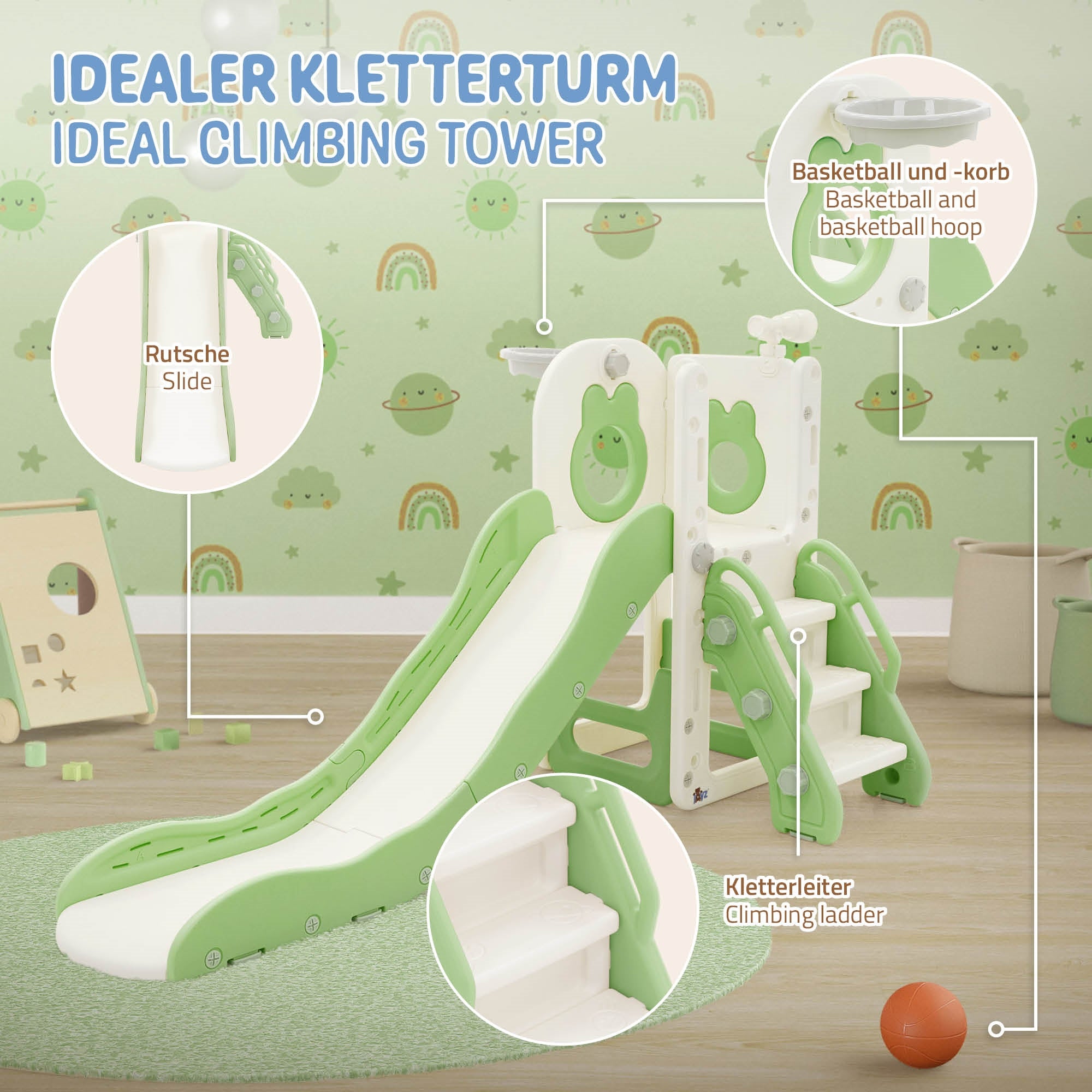 Kletterturm in grün mit Rutsche und Basketballkorb, spielerische Elemente.