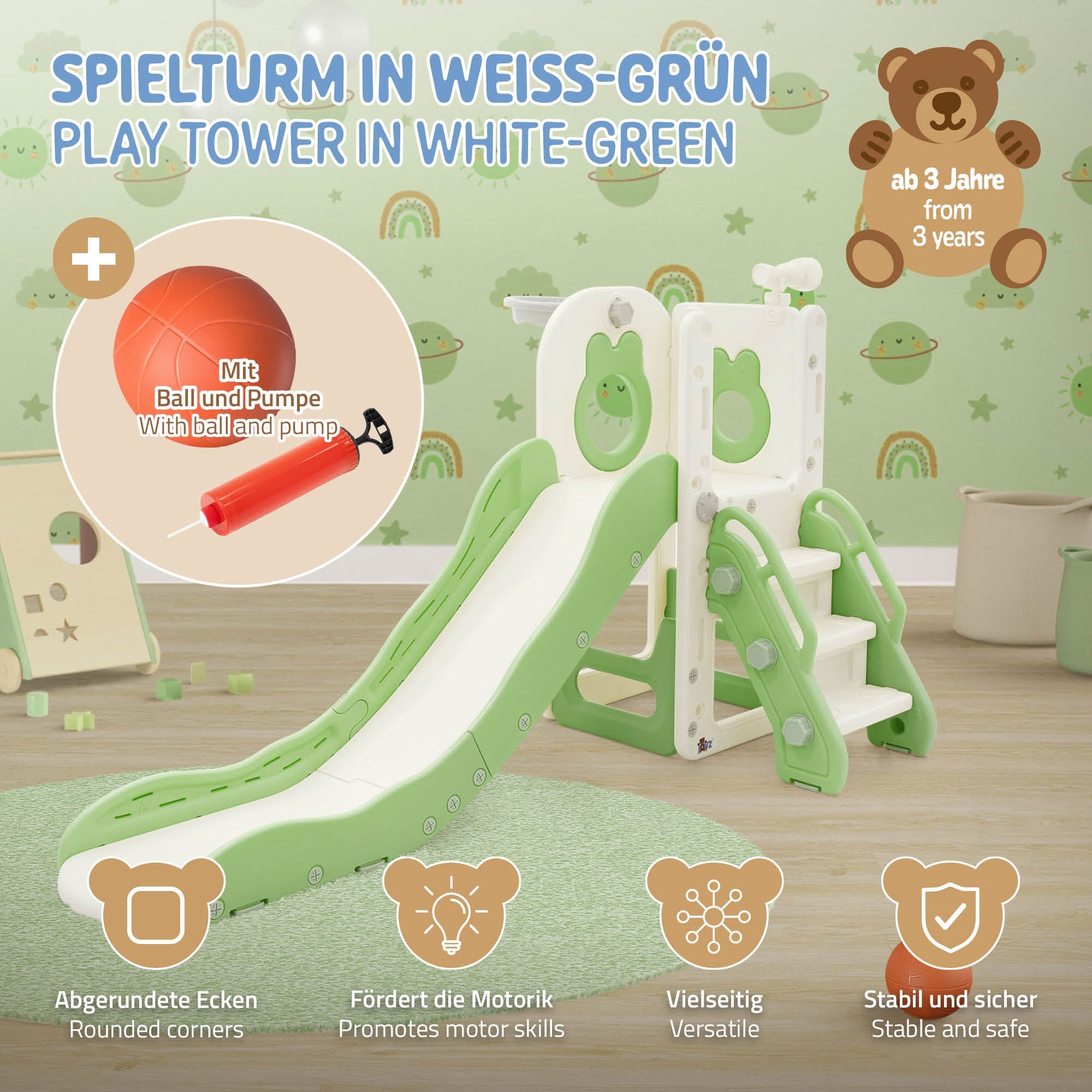 Spielturm in Weiß-Grün mit Rutsche und Ballpumpe.