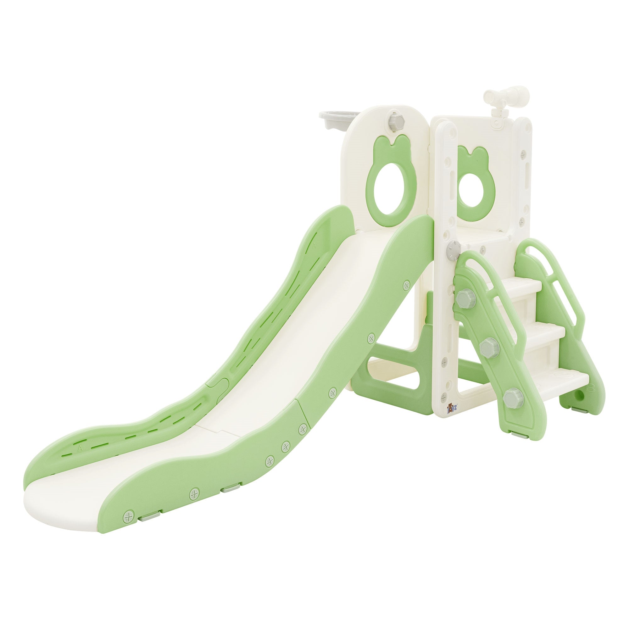 Grüne Rutsche mit Treppe, aus Kunststoff, für Kinder.