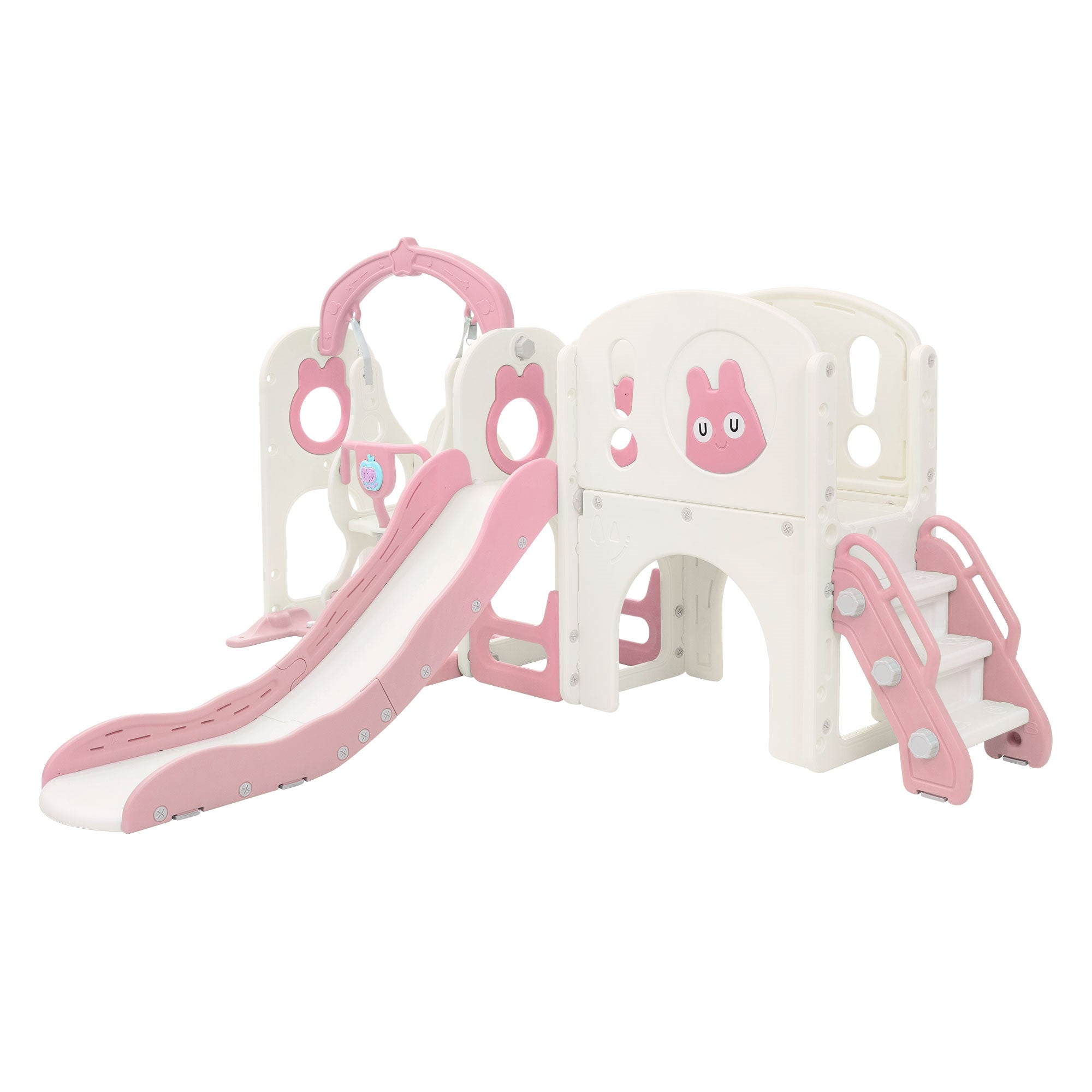 Spielplatzgerät mit Rutsche und Klettergerüst in Rosa und Weiß.