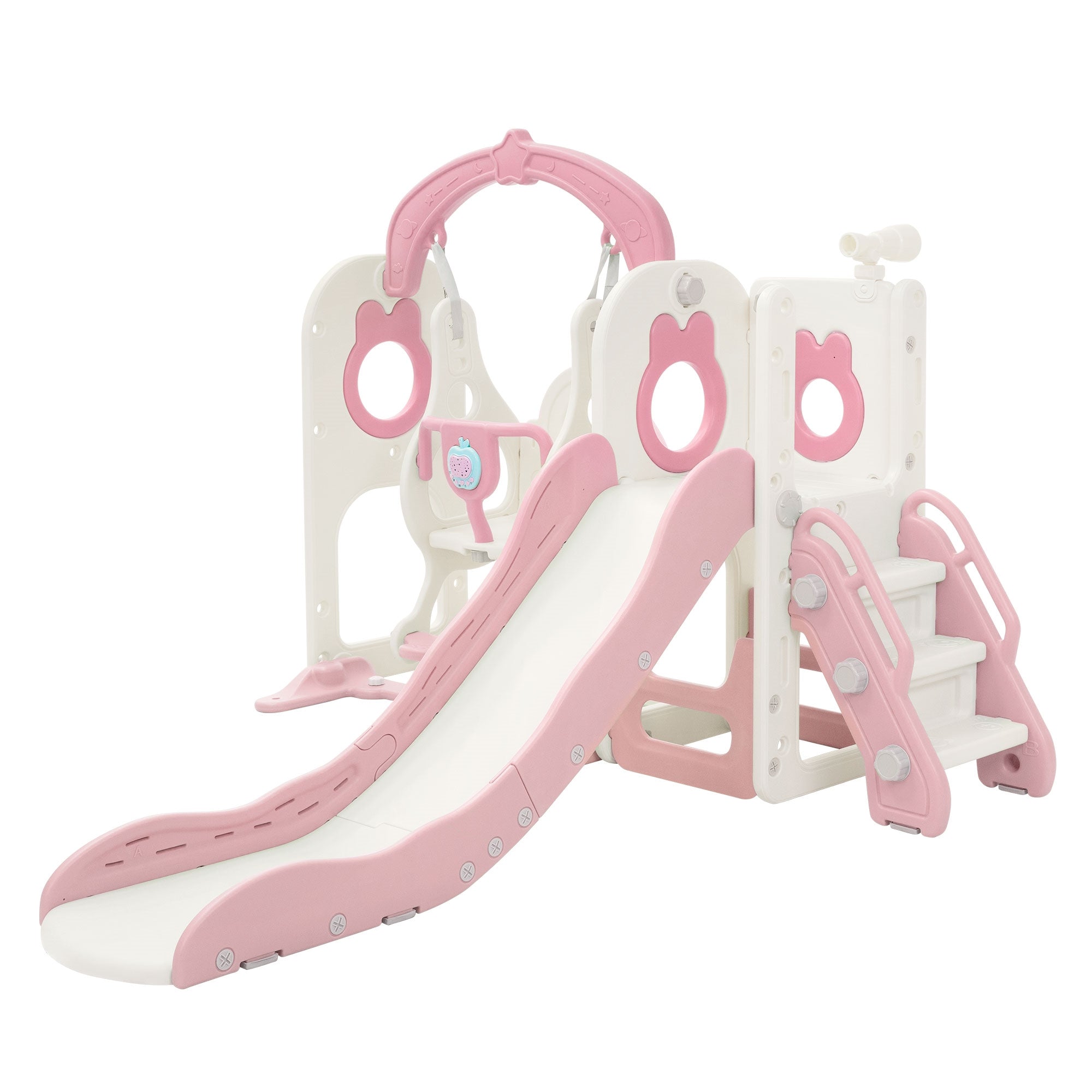 Spielplatzgerät mit Rutsche und Treppe in Rosa und Weiß.