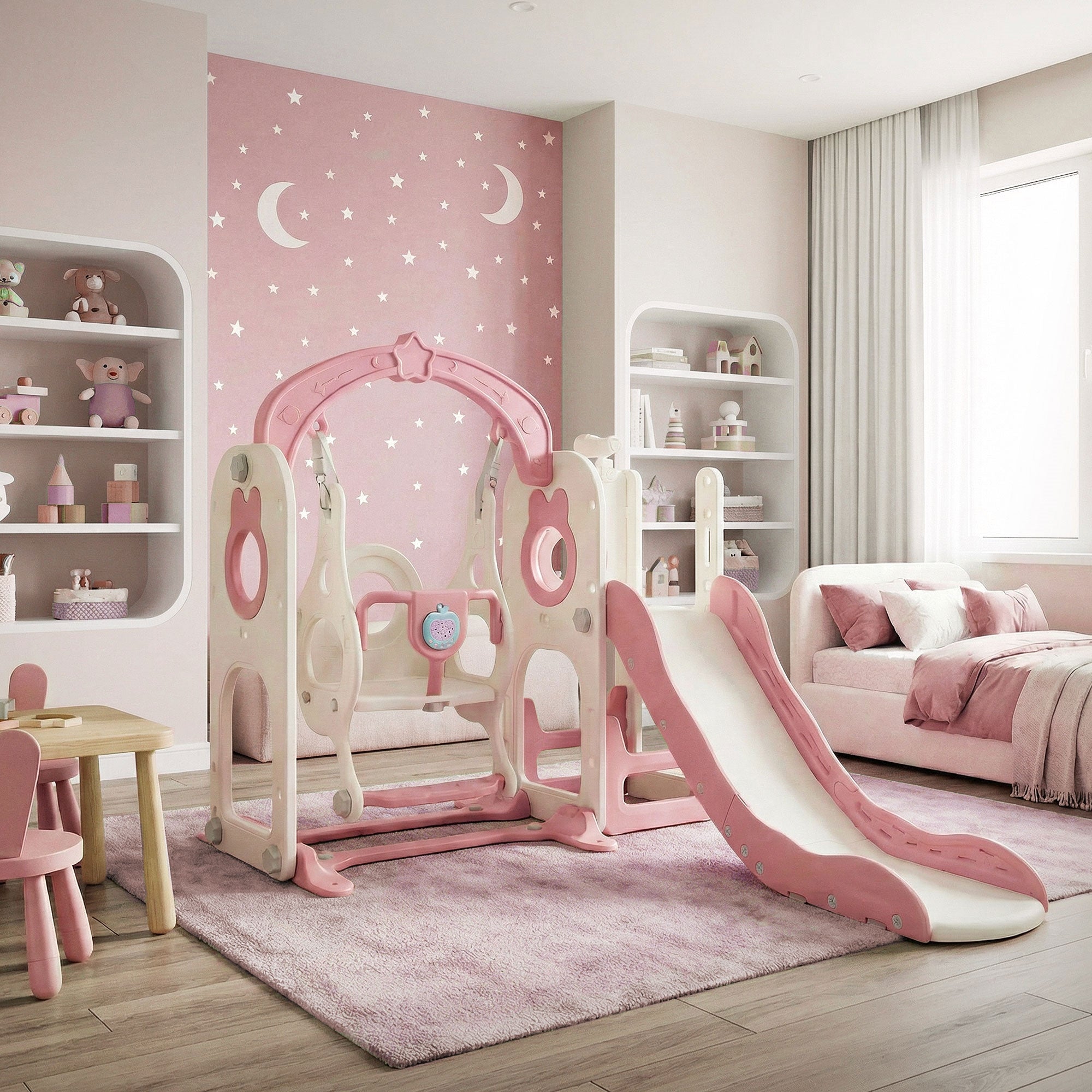 Spielgerät in einem Kinderzimmer mit rosa Wänden und Möbeln.