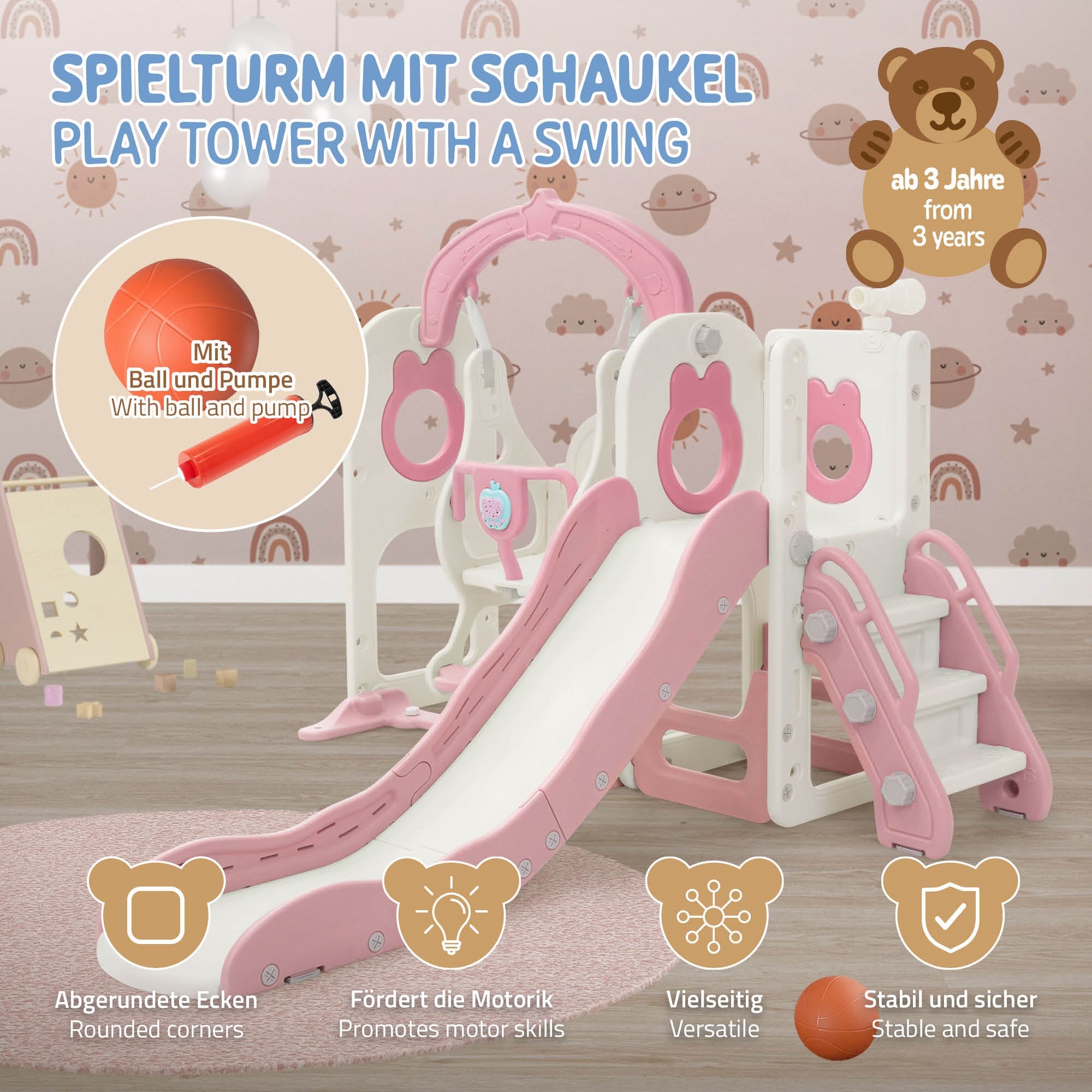 Spielturm mit Schaukel in Weiß-Rosa. Ab 3 Jahren.