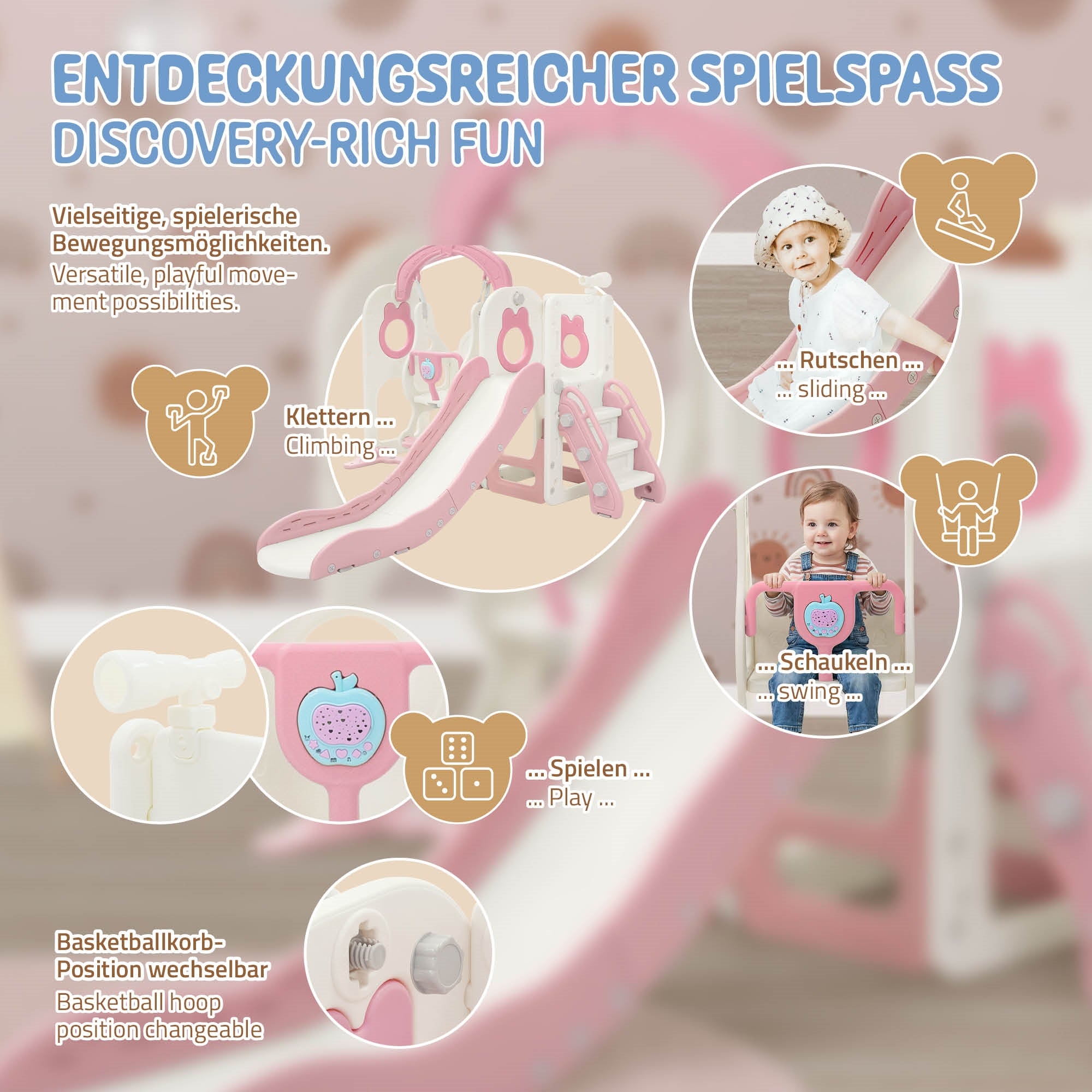 Spielplatz mit Rutsche, Kletterelementen und Spielzeug. Rosa und weiße Farben.