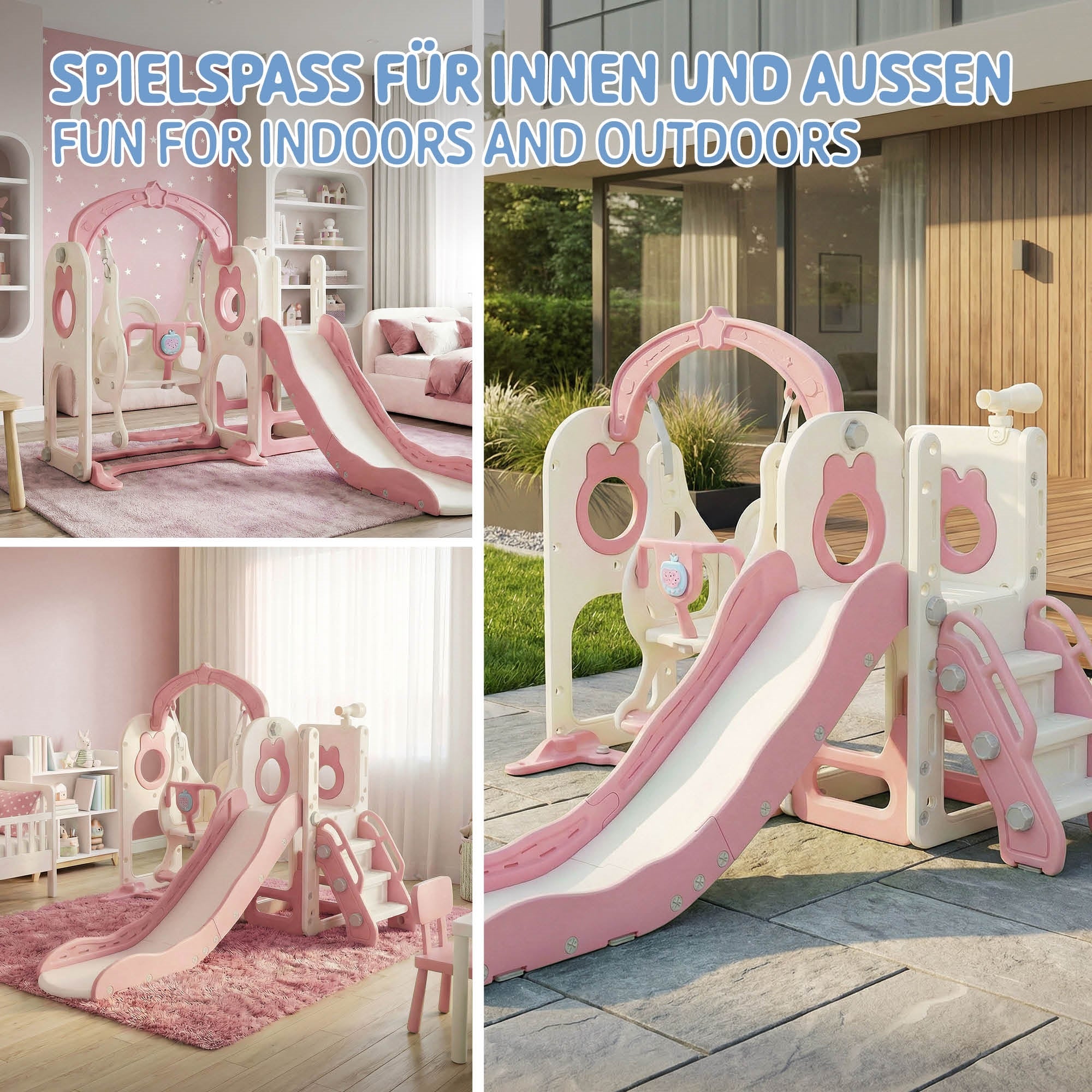 Ein Kletterturm mit Rutsche, geeignet für drinnen und draußen, in einem Garten.