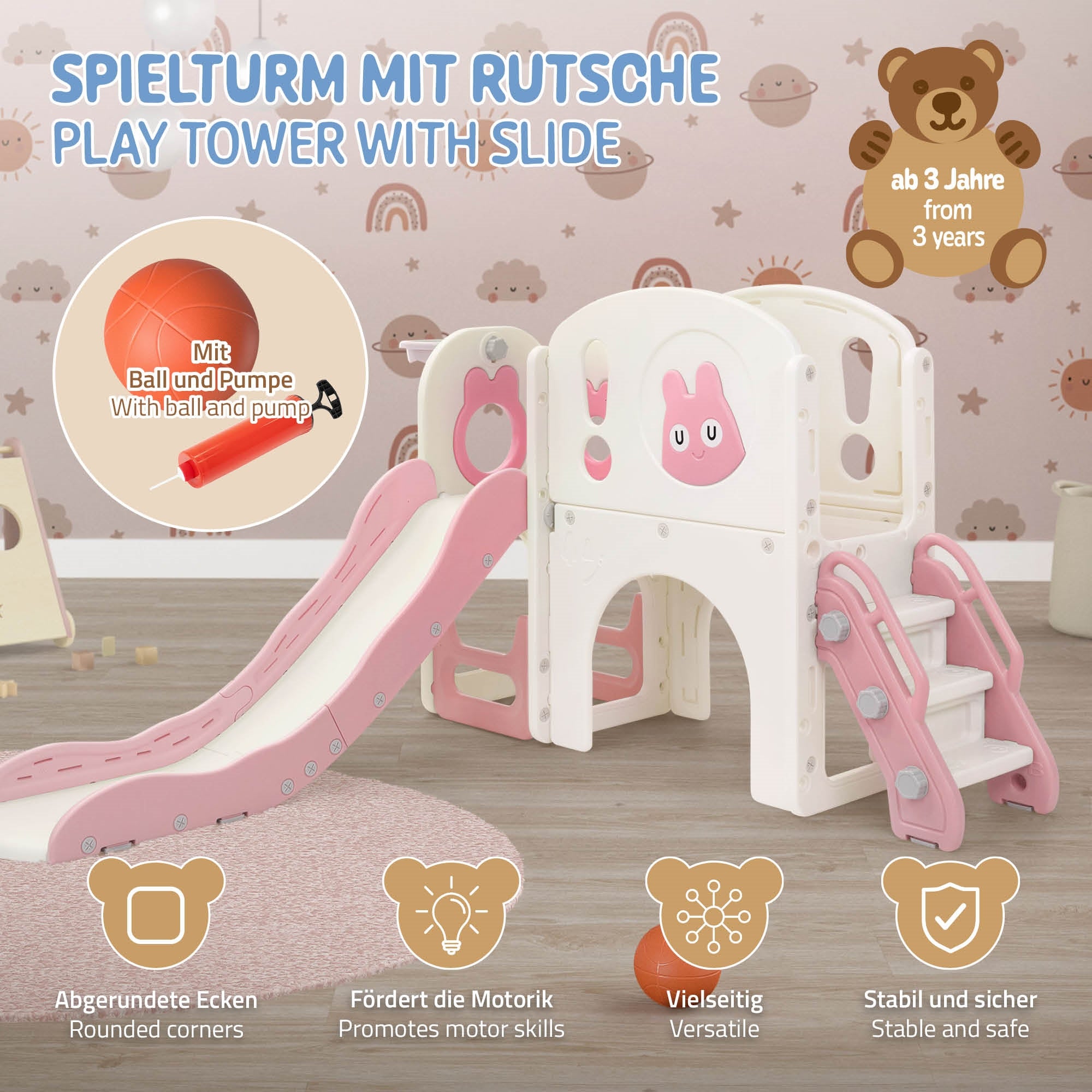 Spielturm mit Rutsche, Ball und Pumpe, geeignet ab 3 Jahren.