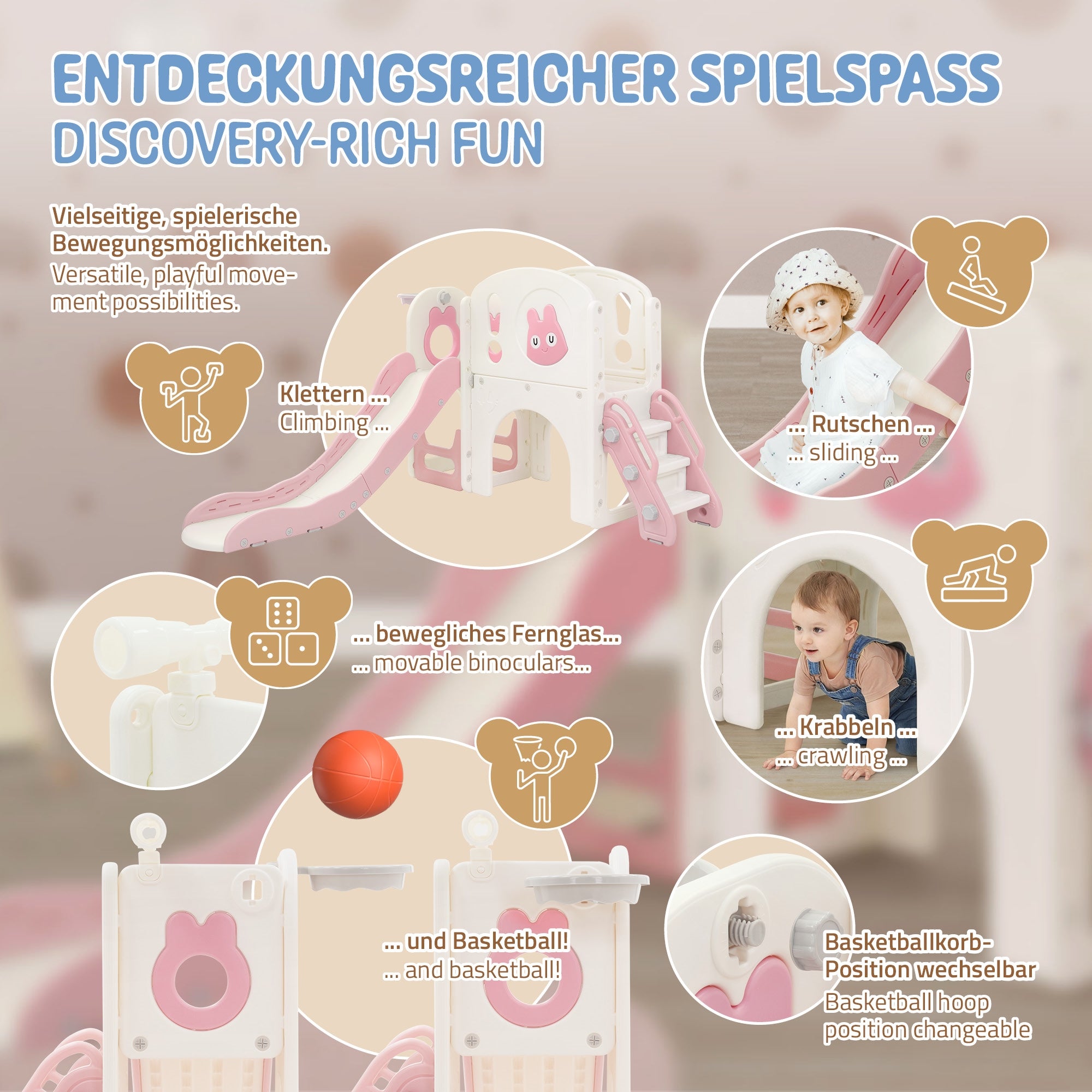 Spielplatz mit Rutsche, Kletterelementen und Spielzeug. Bunte Gestaltung.