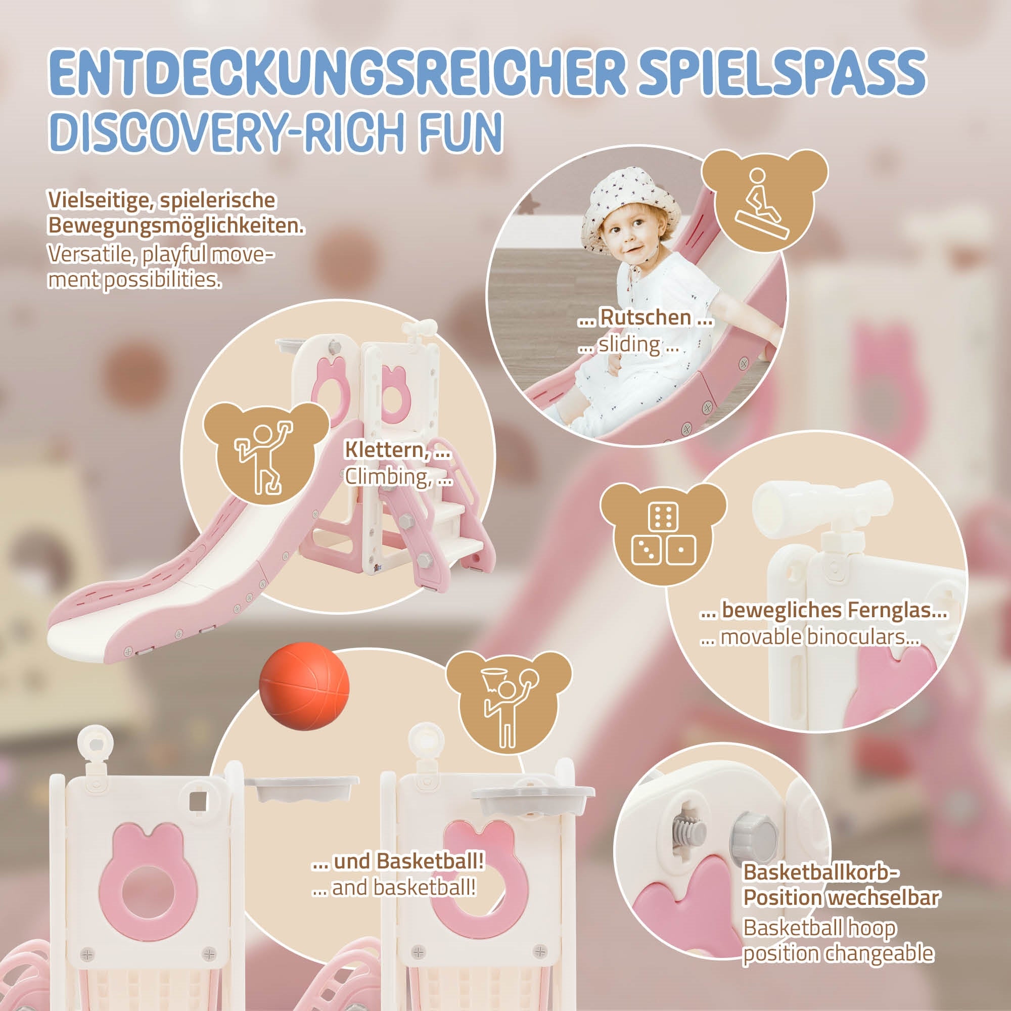 Spielgerät mit Rutsche, Kletterelementen und beweglichen Fernrohren.