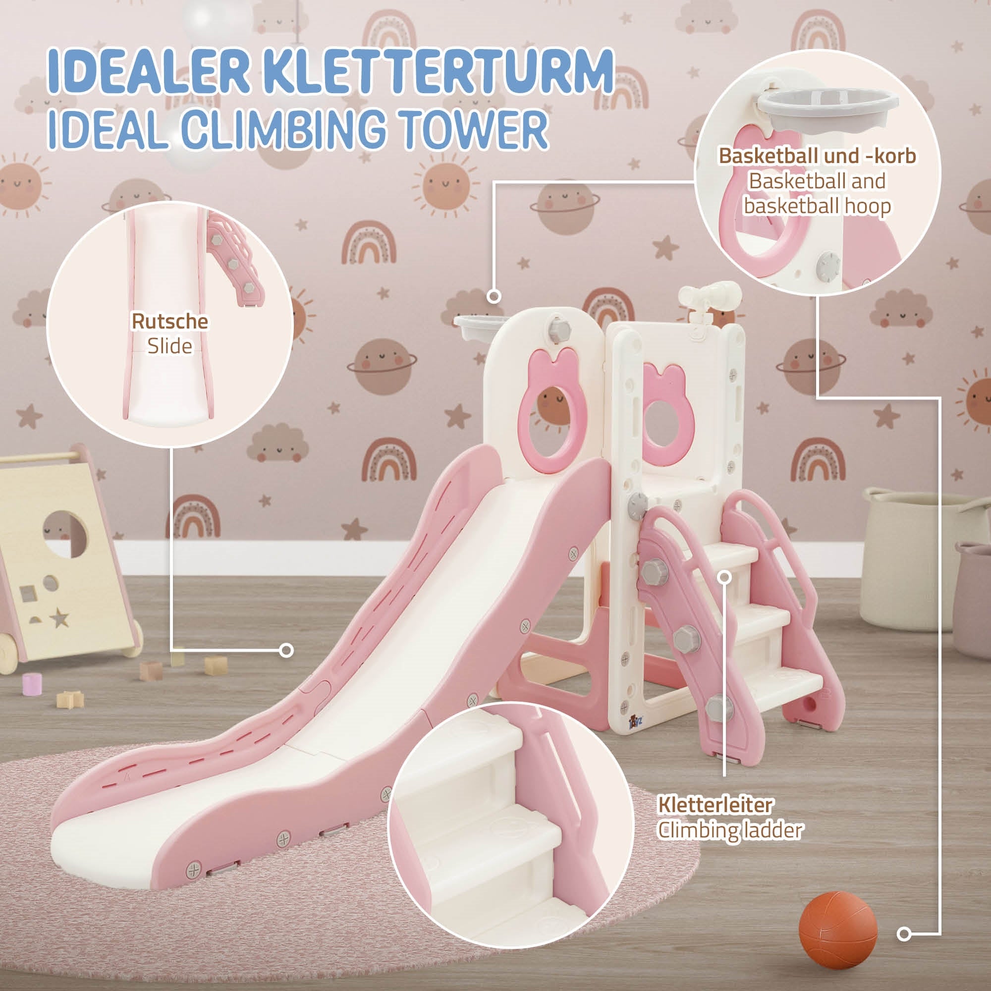 Ein Kletterturm mit Rutsche, Basketballkorb und Kletterleiter in einem Kinderzimmer.