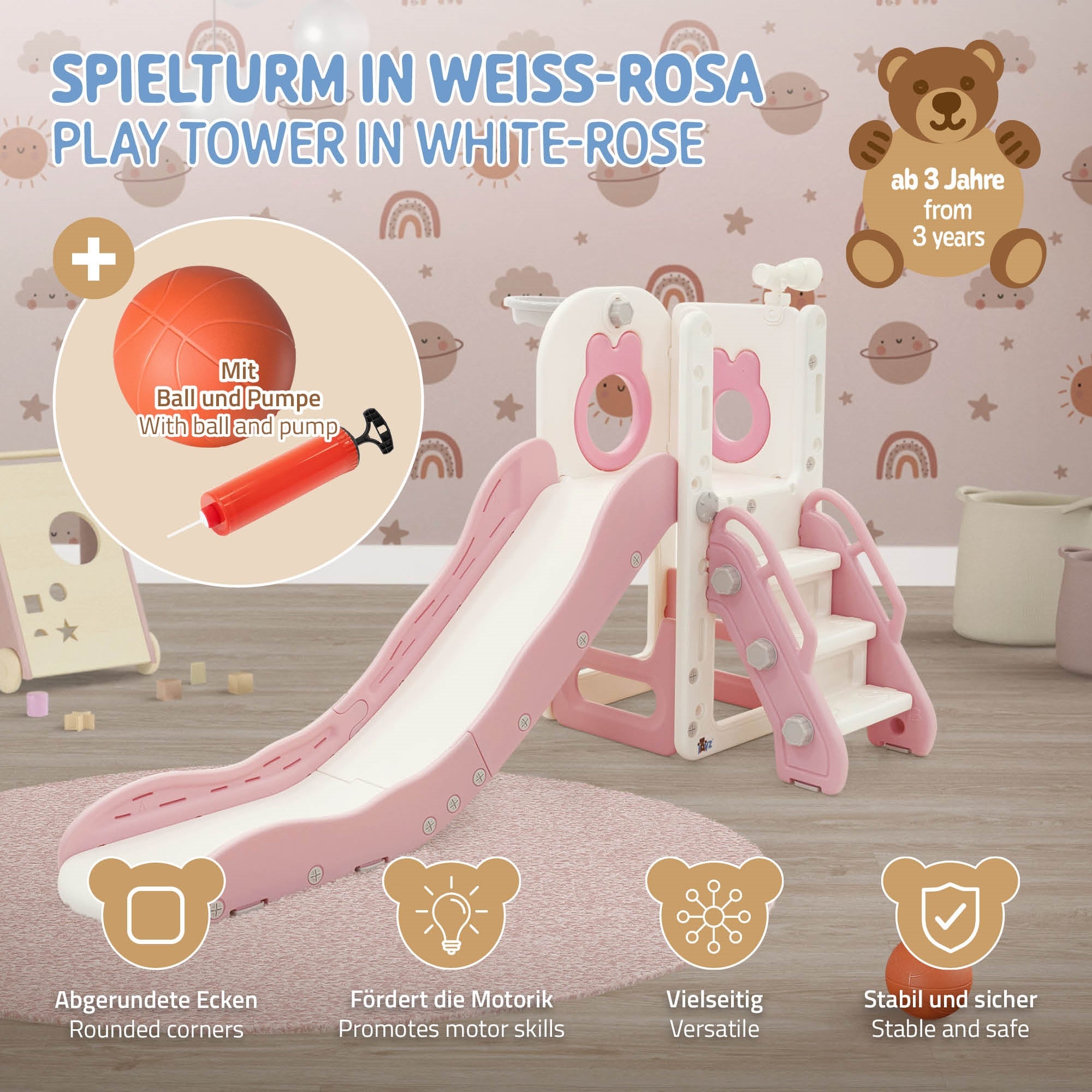 Legetårn i hvid-rosa med rutsjebane og bold. Fra 3 år.