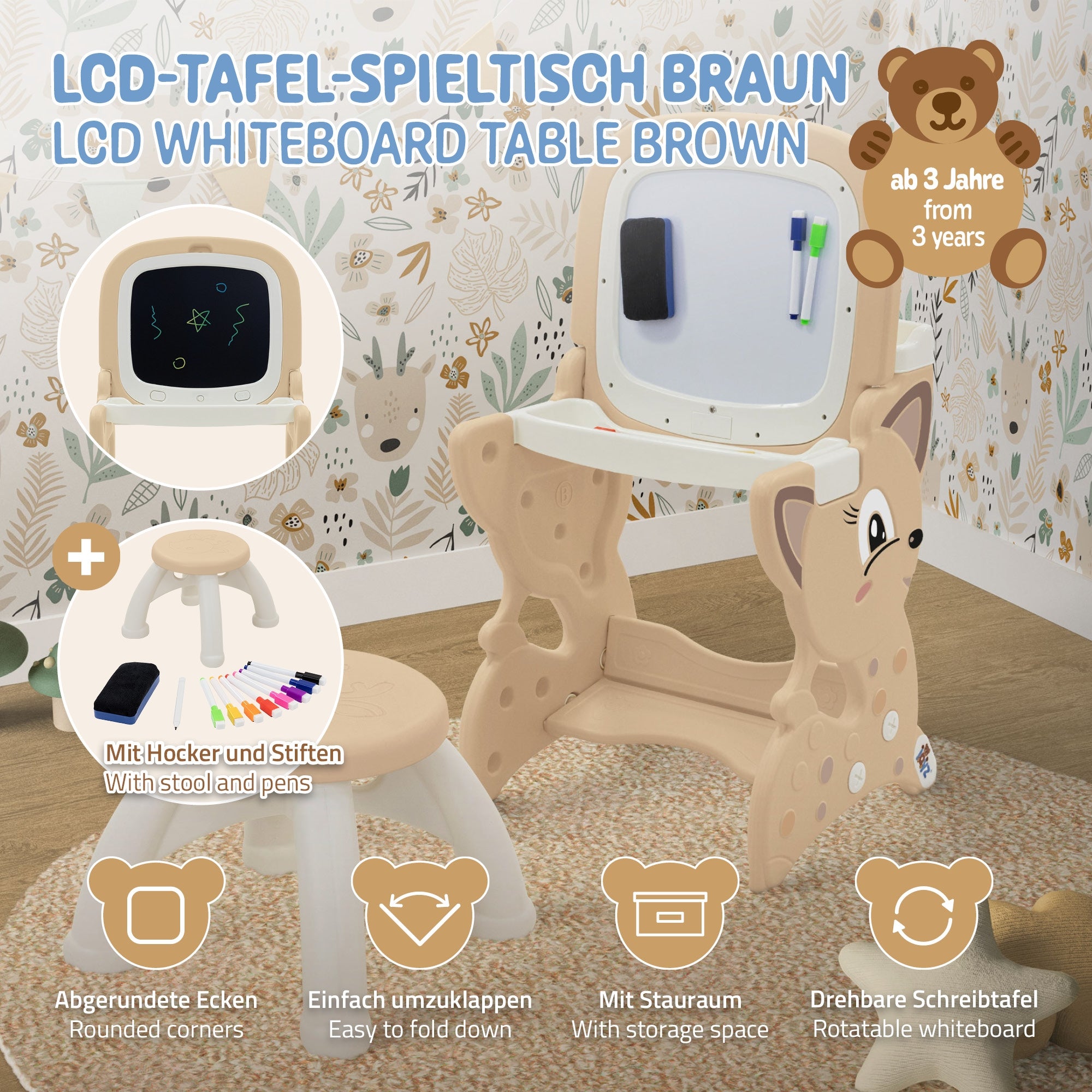 Brauner Spieltisch mit LCD-Whiteboard, Hocker und Stiften, ab 3 Jahren.
