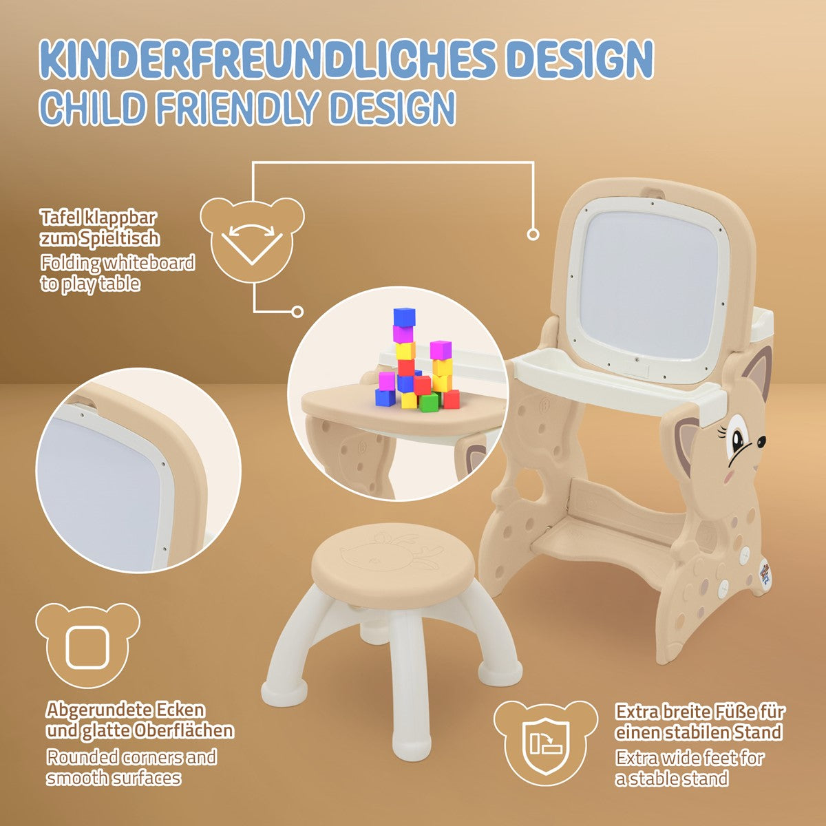 Kindgerechtes Design mit klappbarer Tafel und stabiler Standfläche.