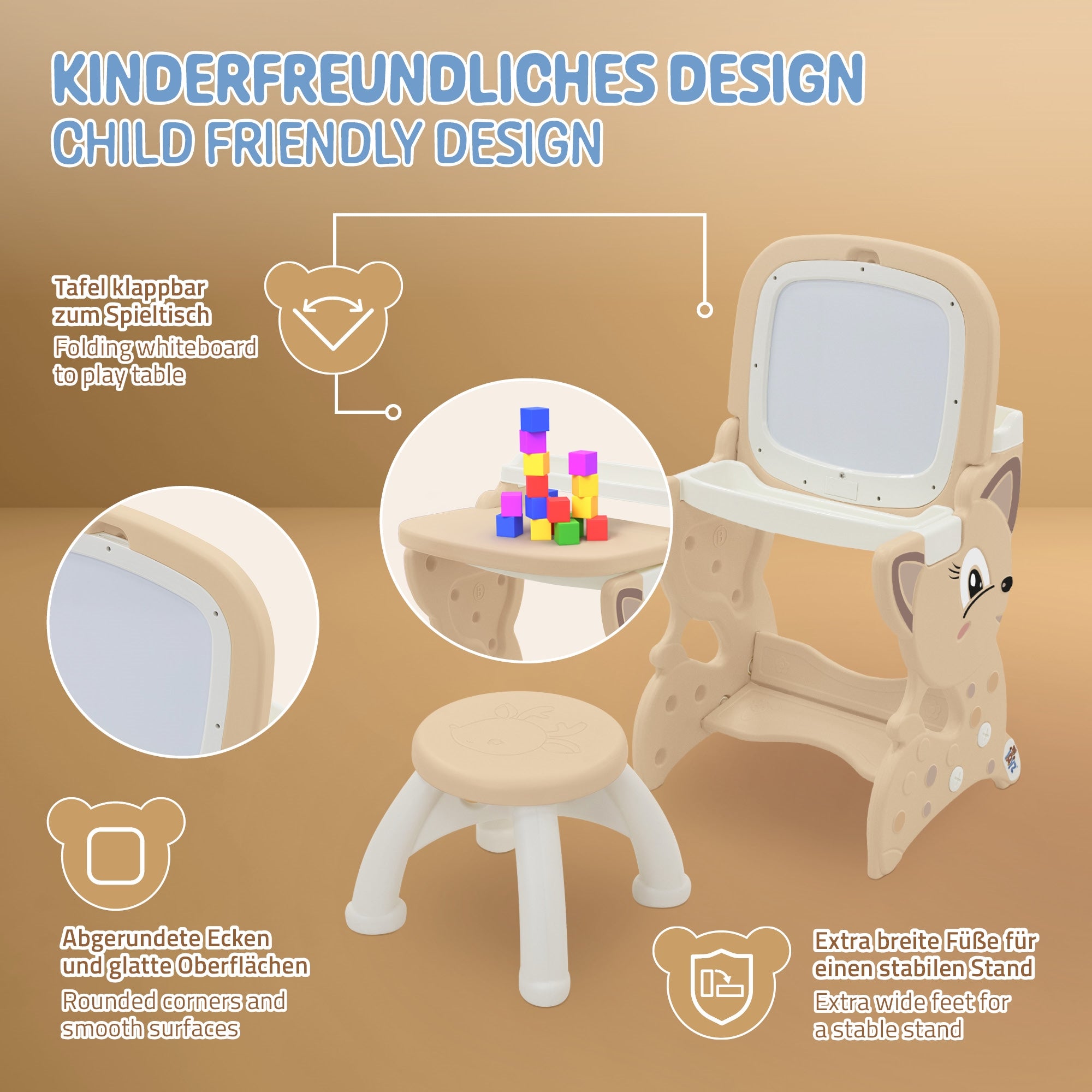Dětský design s skládací tabulí a stabilní základnou.