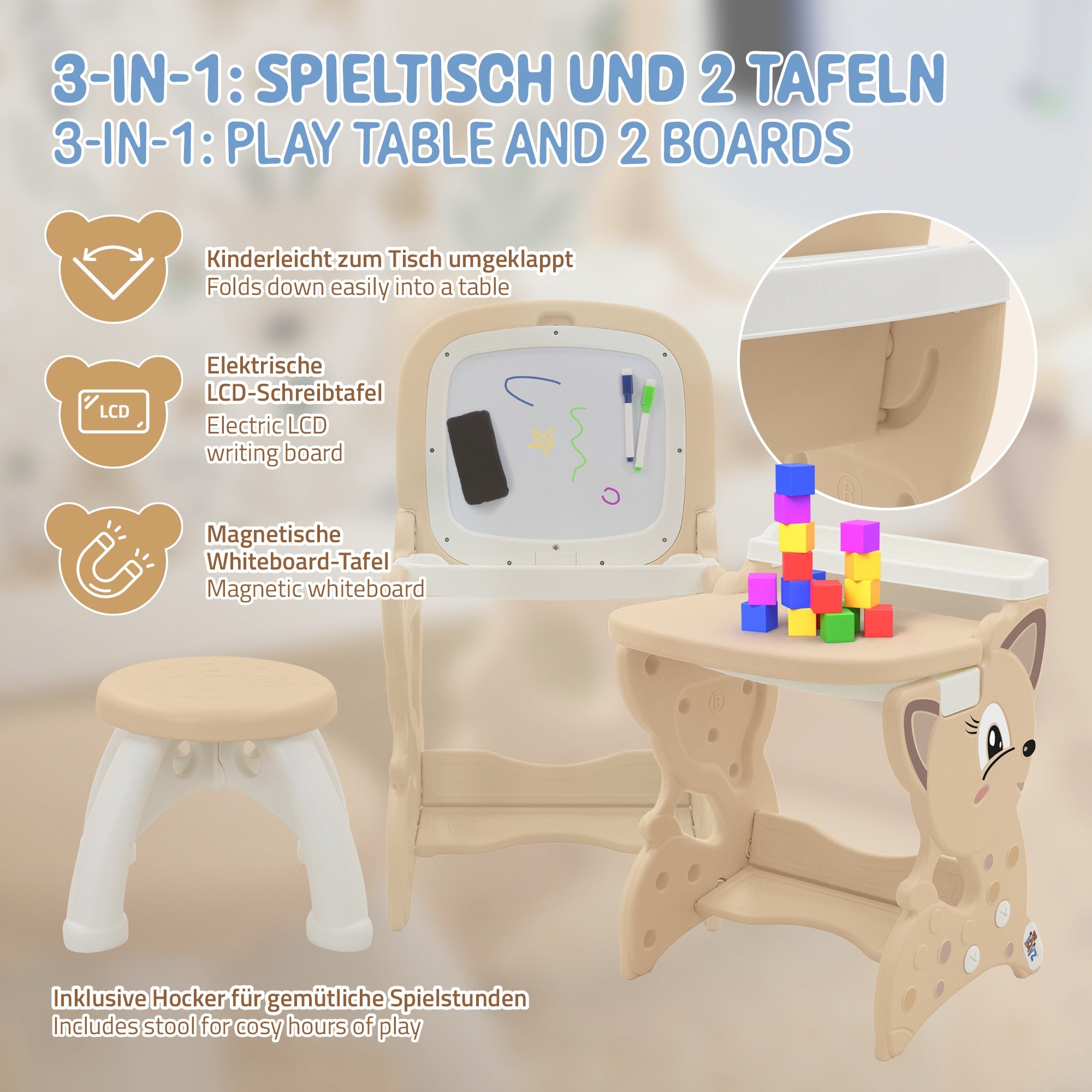 Grafik mit Informationen zu einem Spieltisch und zwei Tafeln, inklusive Zubehör.