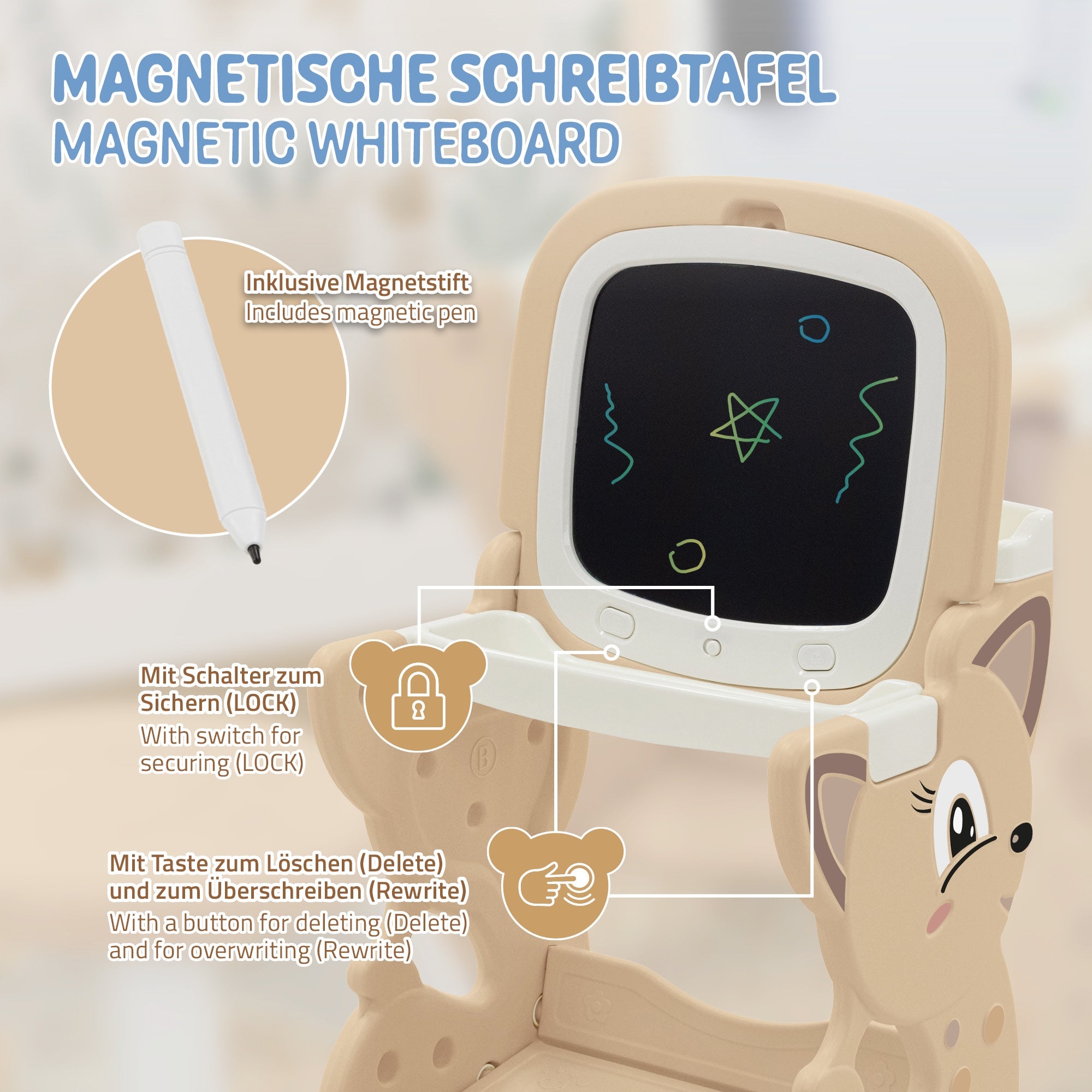 Magnetische Schreibtafel mit Stift und bunten Zeichnungen.