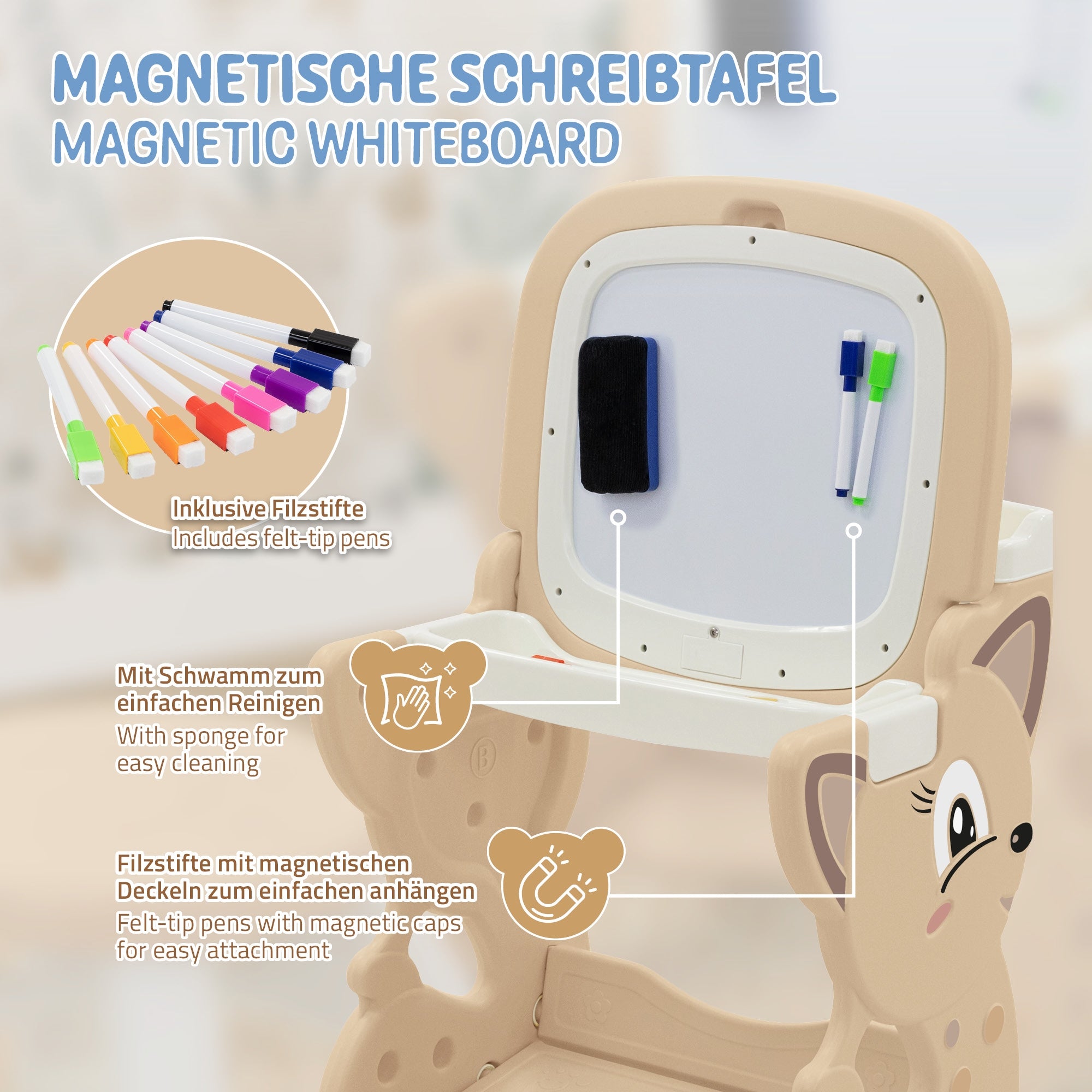 Magnetische Schreibtafel mit Filzstiften und Schwamm, in Form eines Tieres.