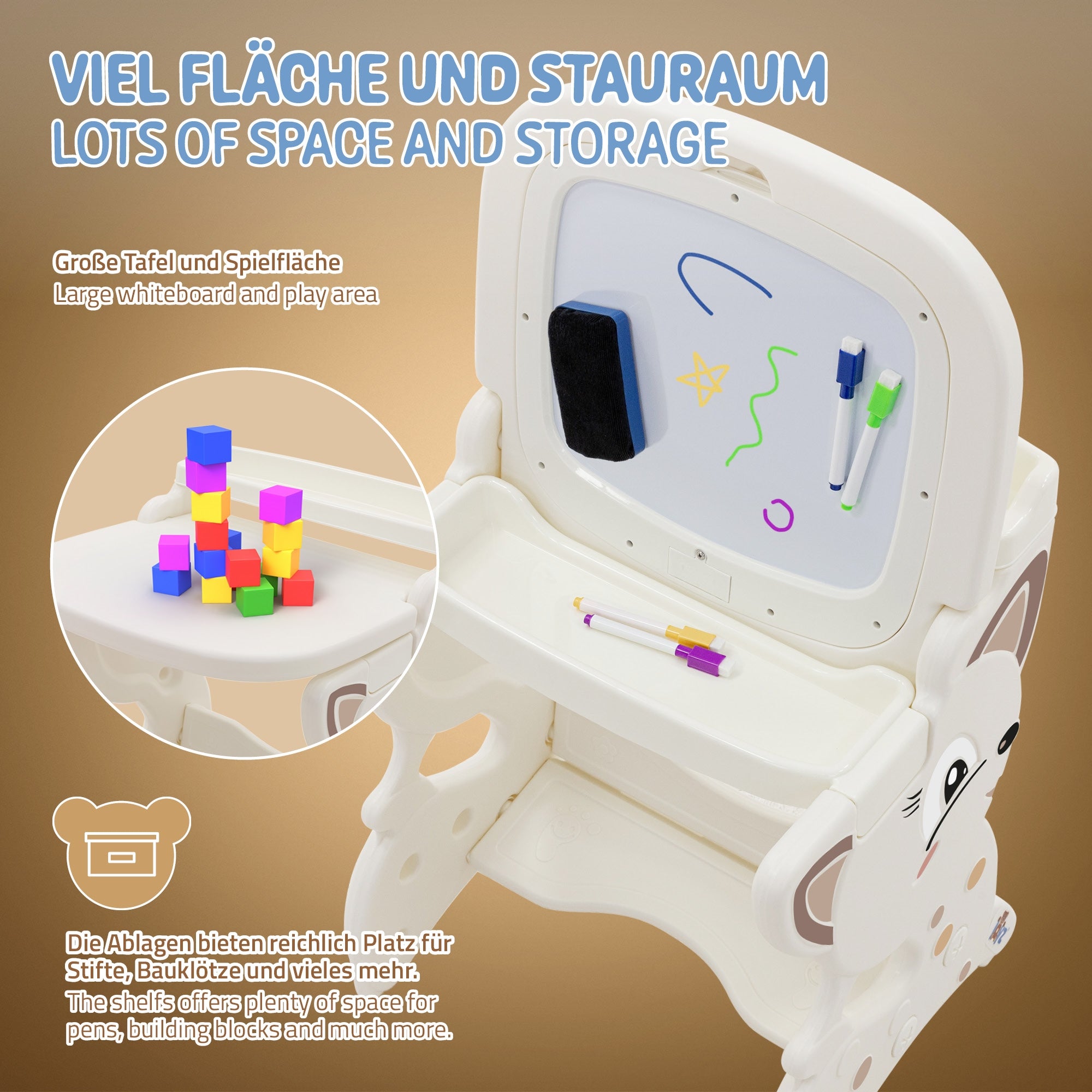Kindermöbel mit viel Stauraum und einer großen Spieloberfläche.
