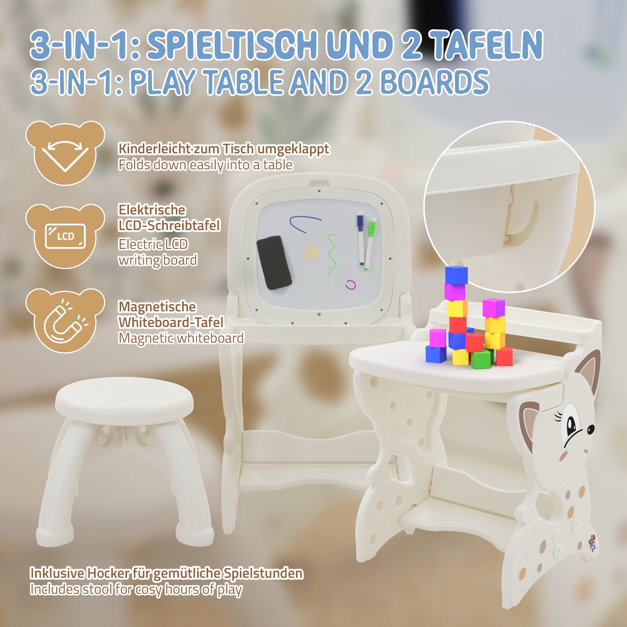 Ein Spieltisch mit zwei Tafeln, einem Hocker und bunten Bausteinen.