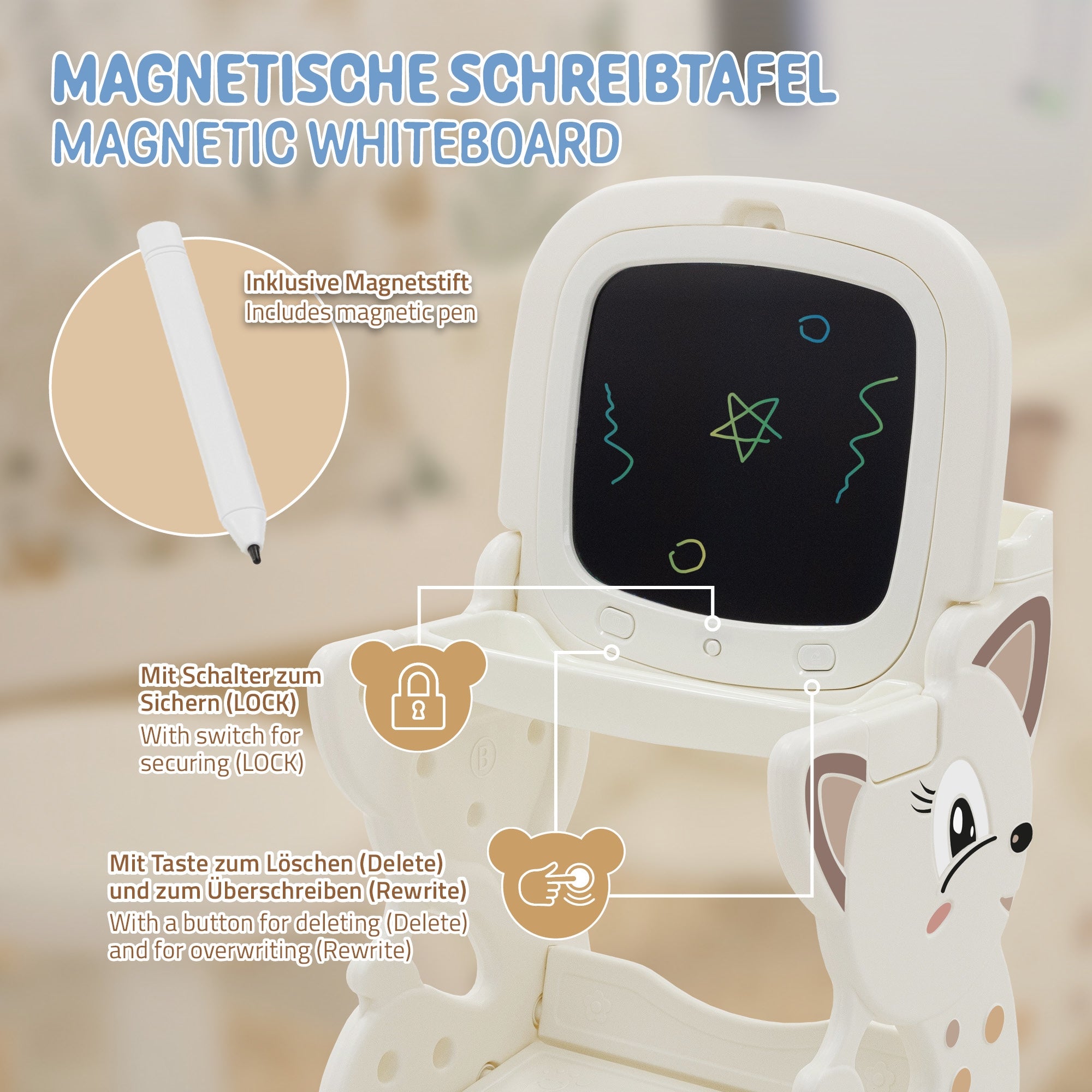 Ein magnetisches Whiteboard mit einem Stift und einem Schalter zum Löschen.