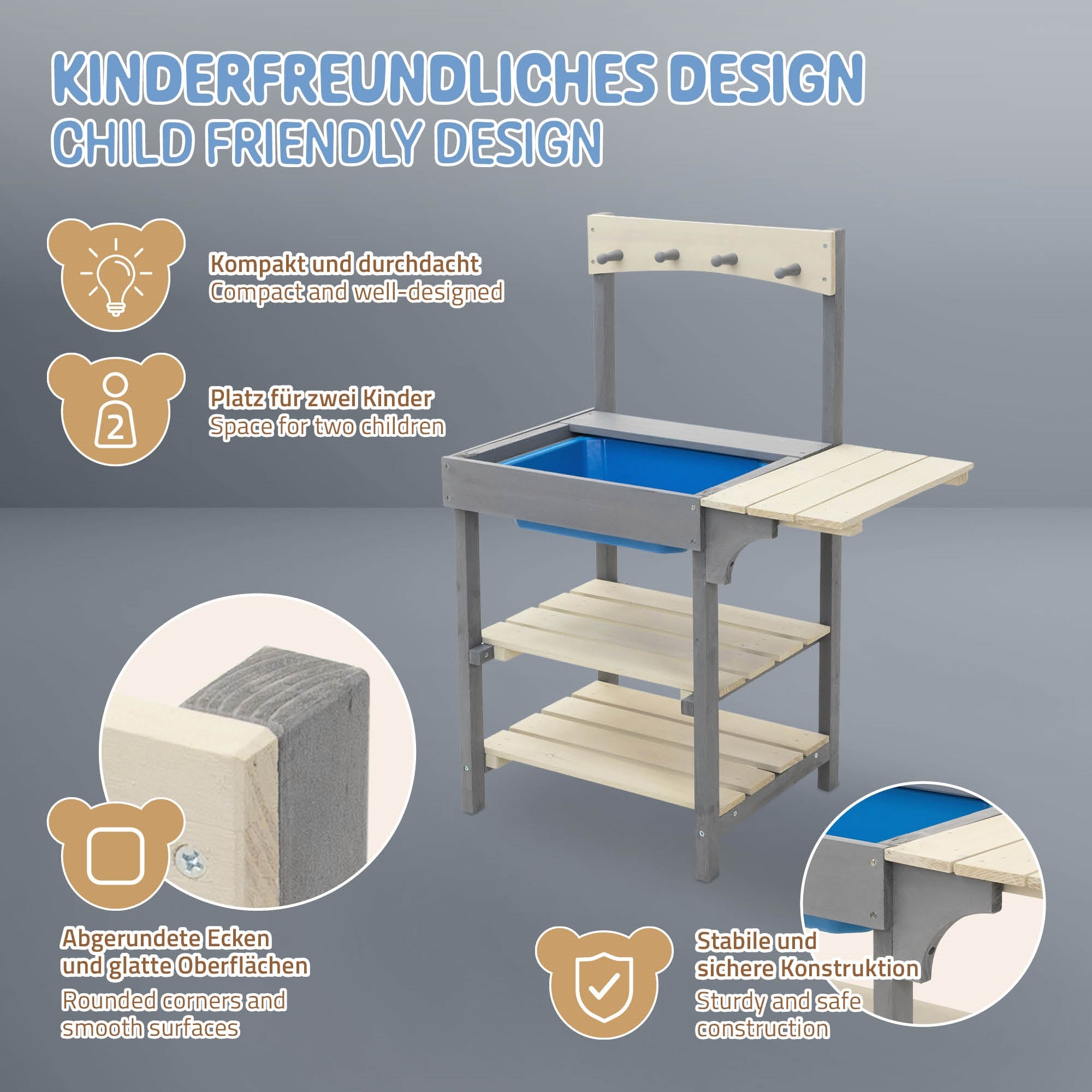 Kinderfreundliche Spielbank mit Platz für zwei Kinder und stabiler Konstruktion.