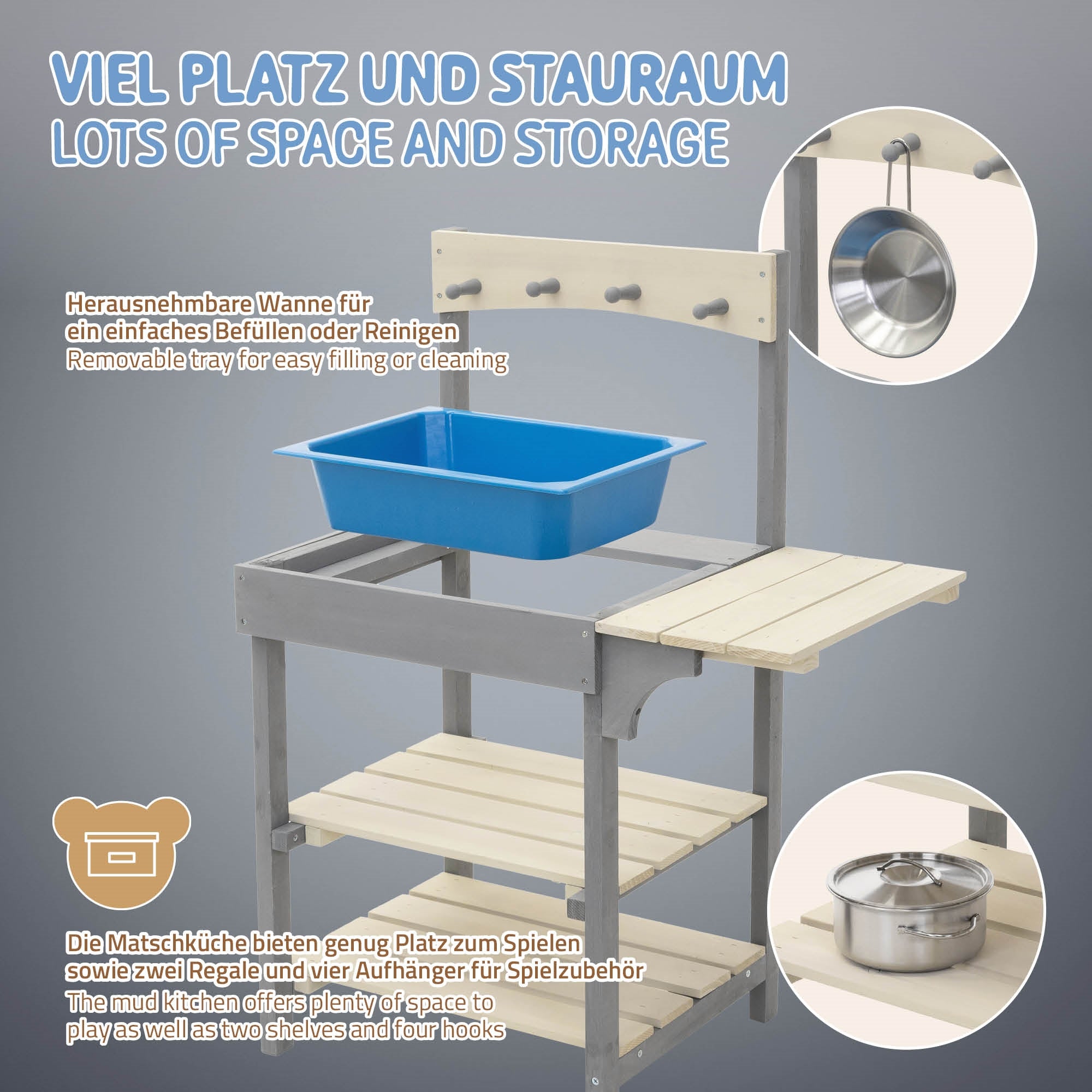 Spielküche mit herausnehmbarer Wanne und Ablageflächen, blauem Becken und Zubehör.