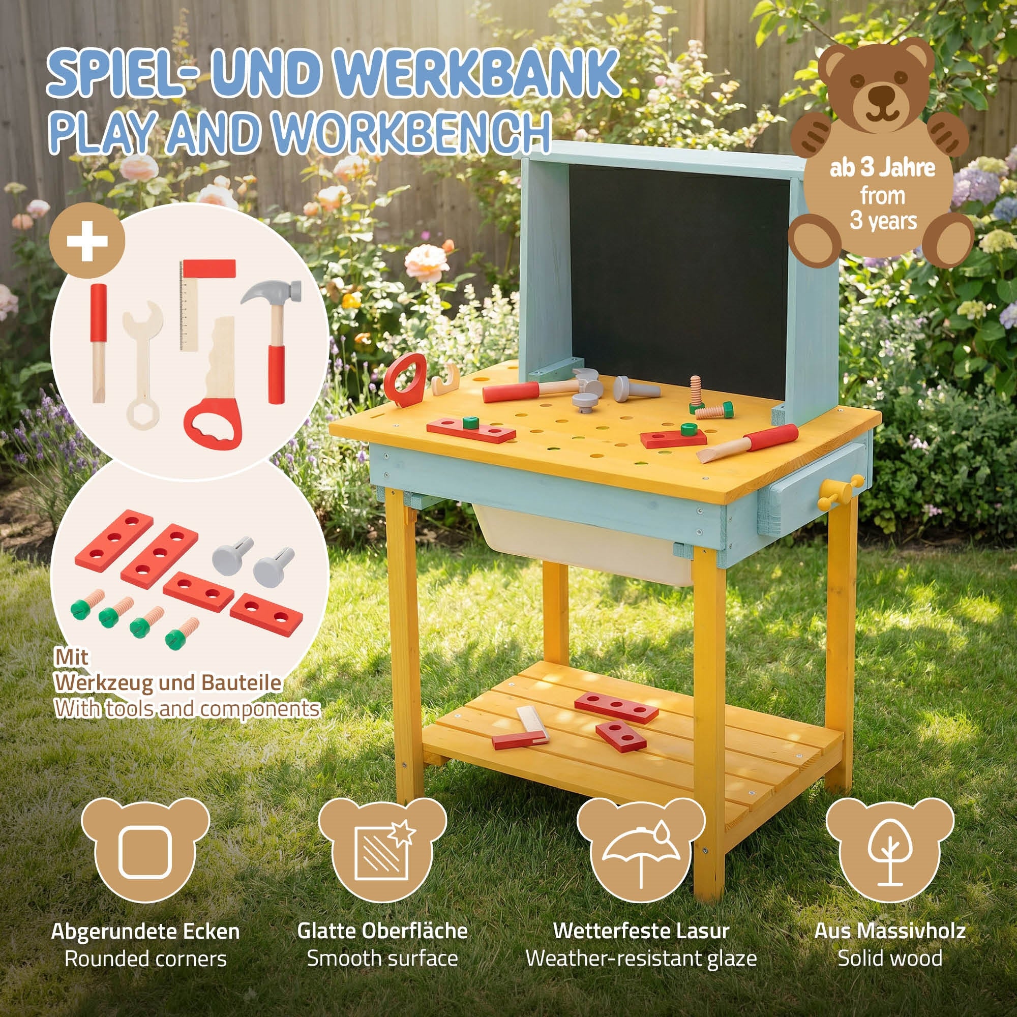 Spiel- und Werkbank mit Werkzeugen und Bauteilen, ab 3 Jahren.