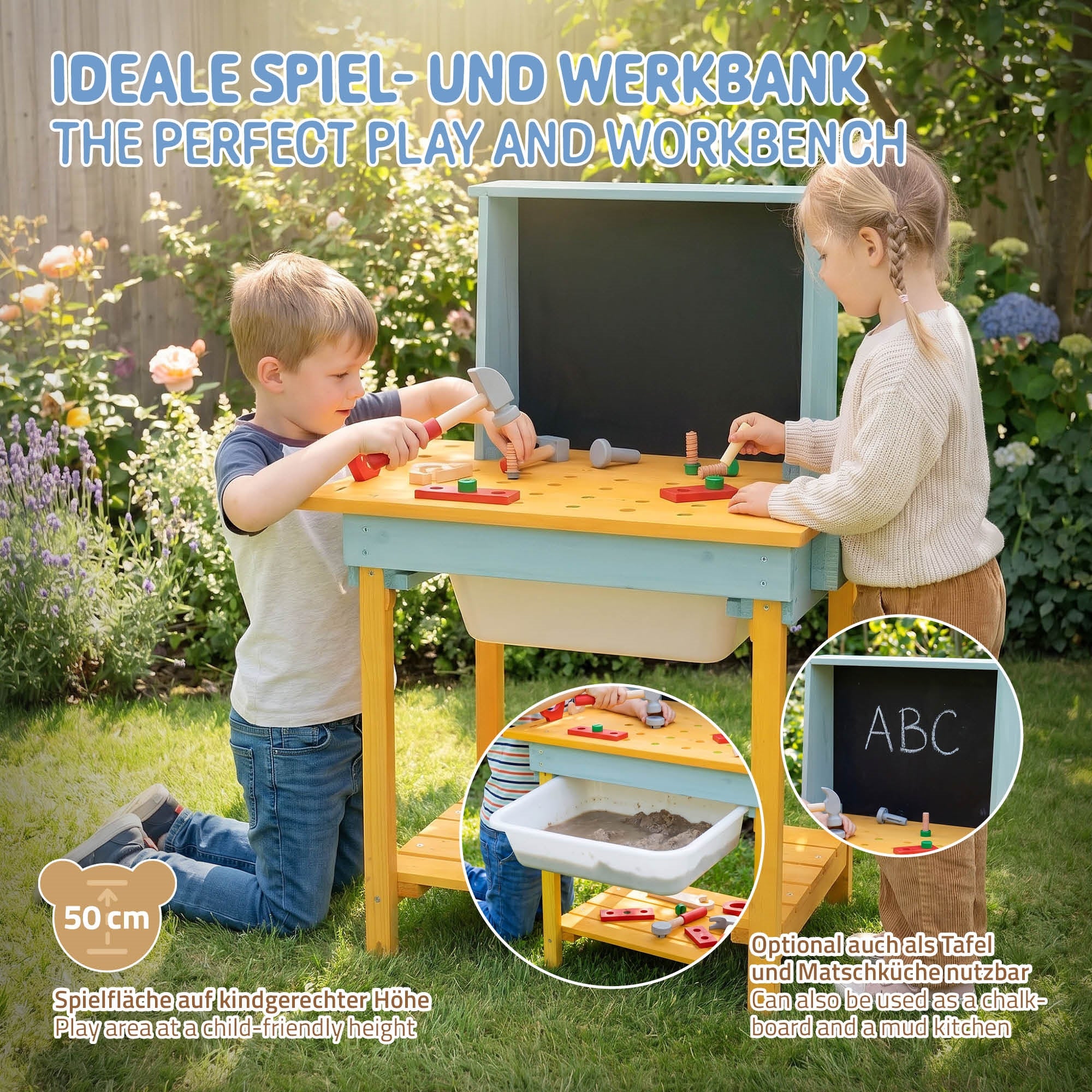 Ein Spiel- und Werkbank mit zwei Kindern, die mit Spielzeug arbeiten.