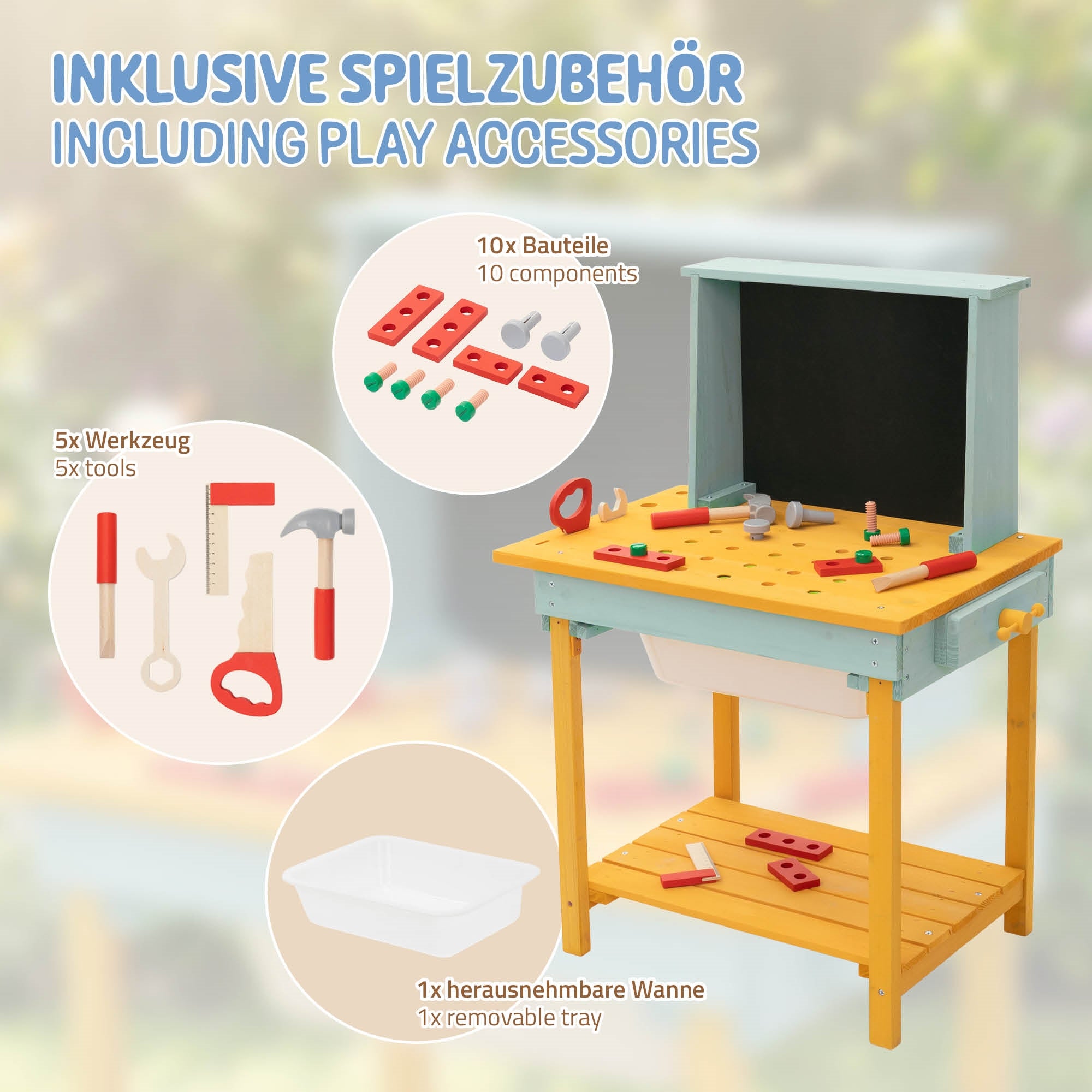 Spielzeugwerkbank mit Werkzeugen und Bauteilen auf einem Tisch.