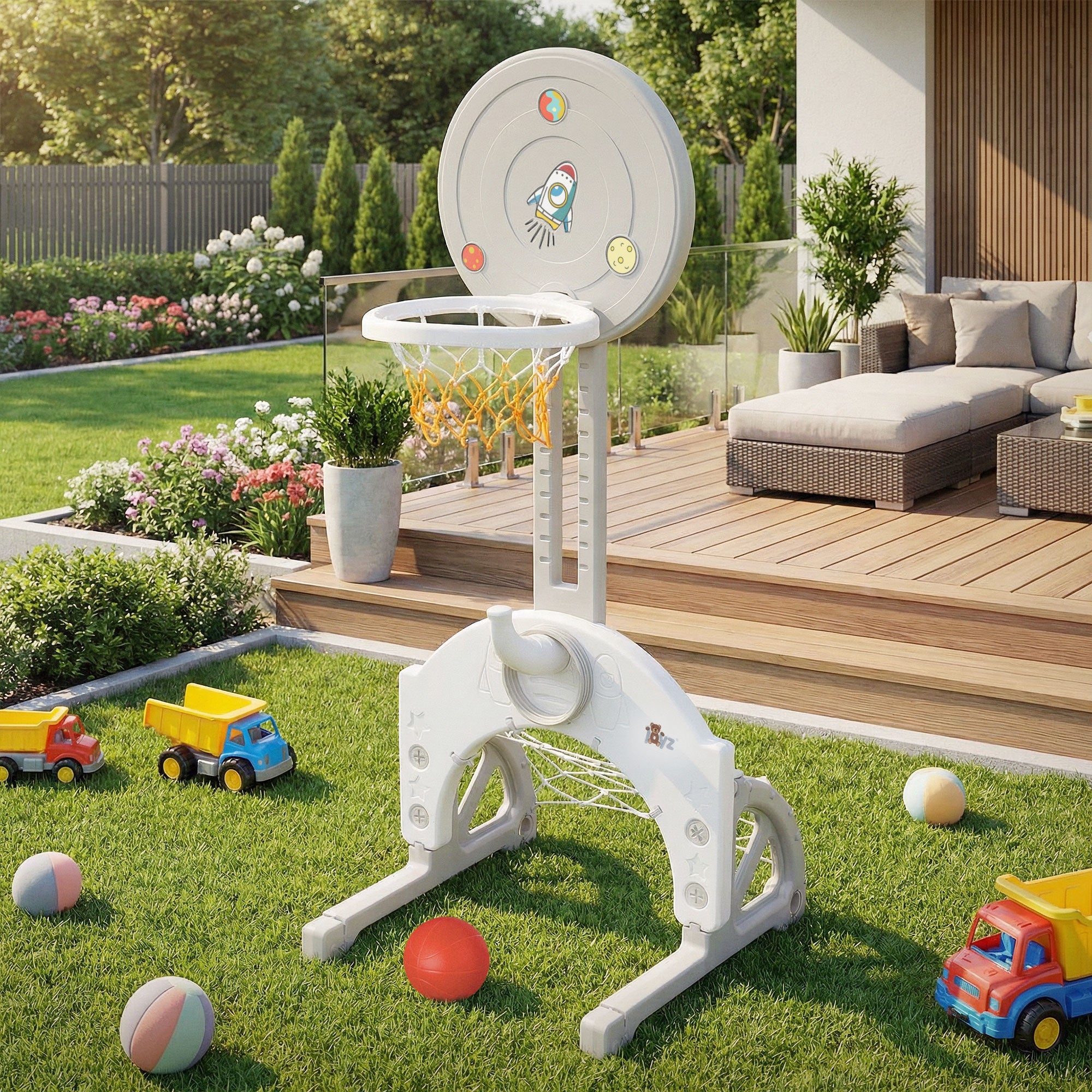 Das Spielgerät im Garten, umgeben von Spielzeug und Bällen.
