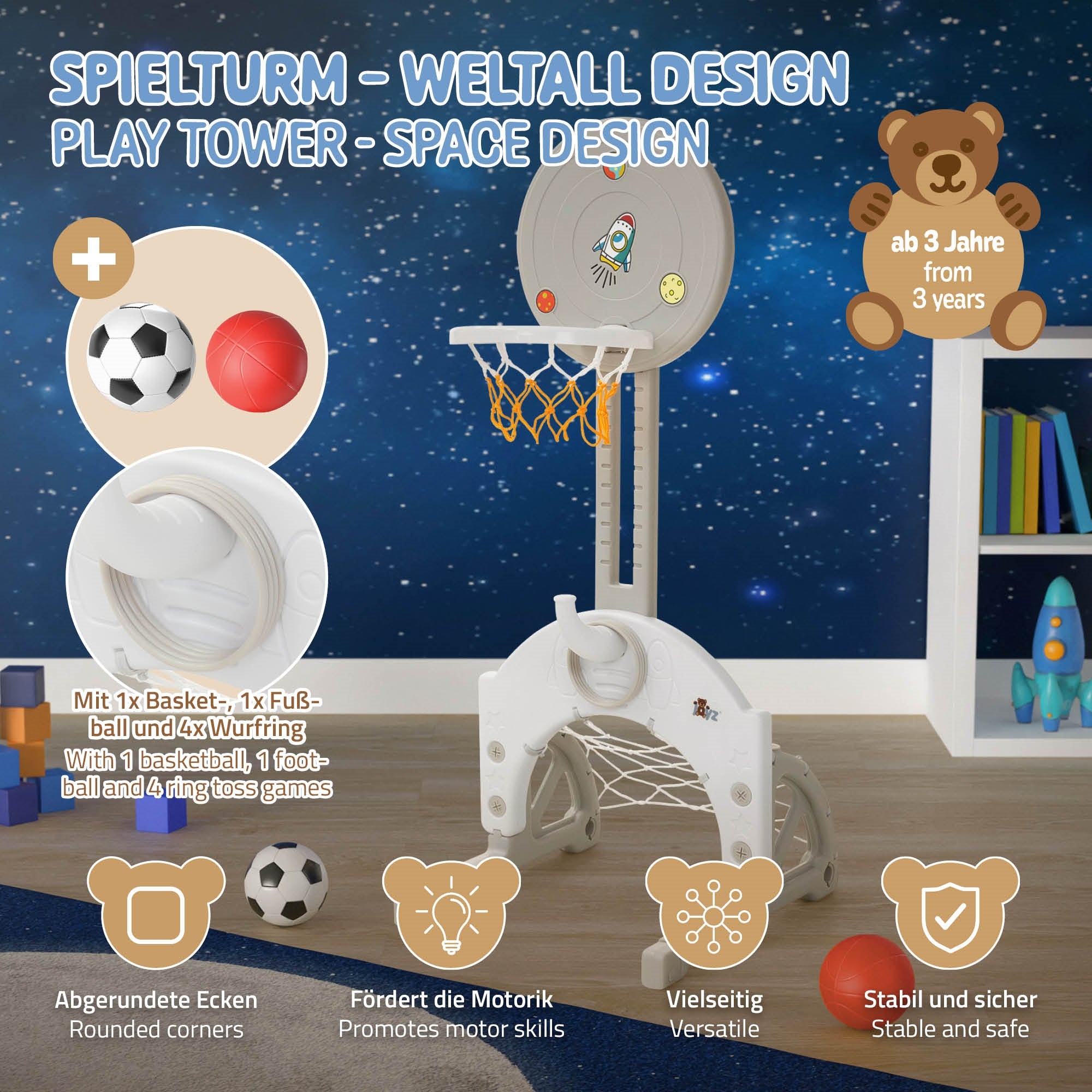Spielturm mit Basketballkorb und verschiedenen Bällen.