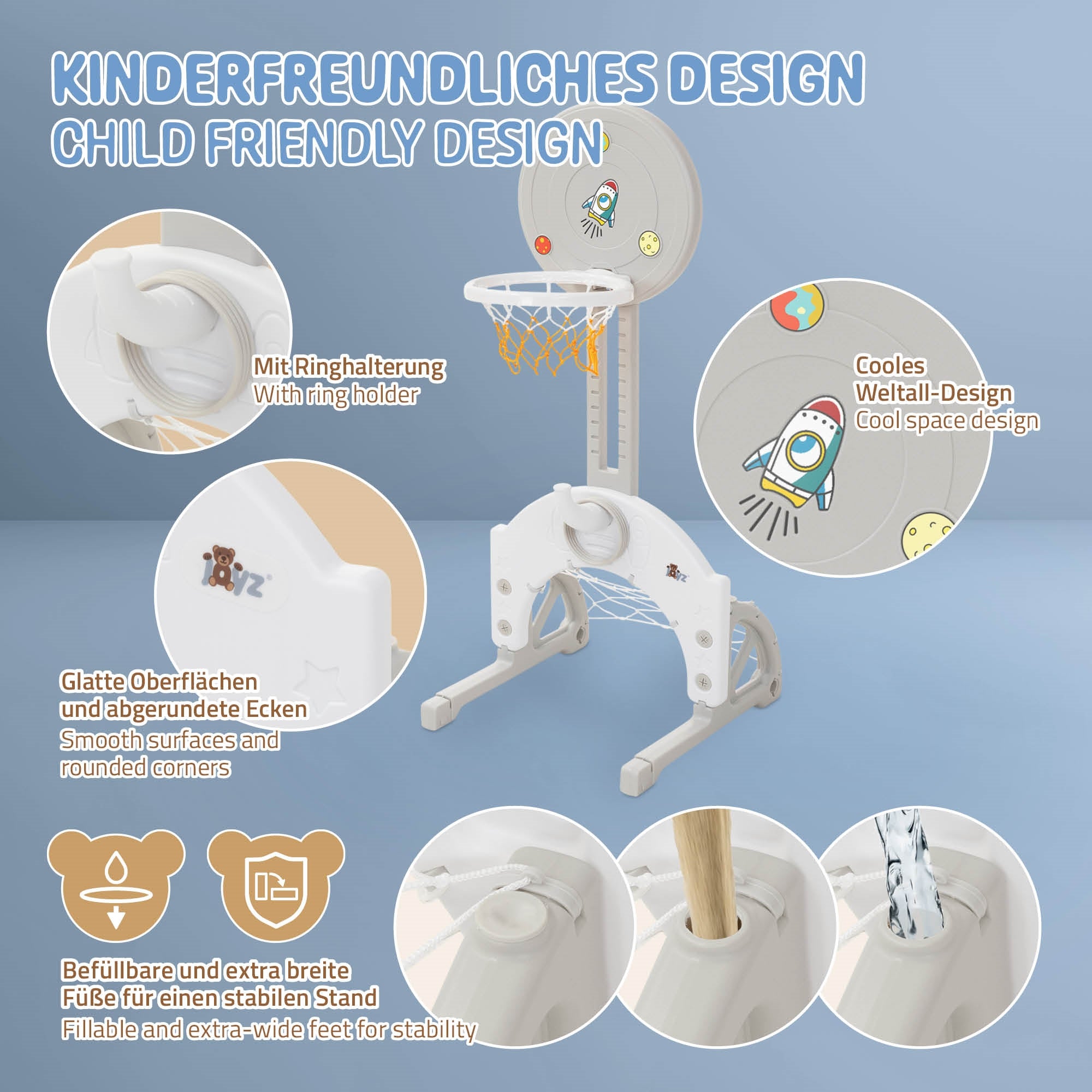 Spielgerät mit Basketballkorb und kinderfreundlichem Design.