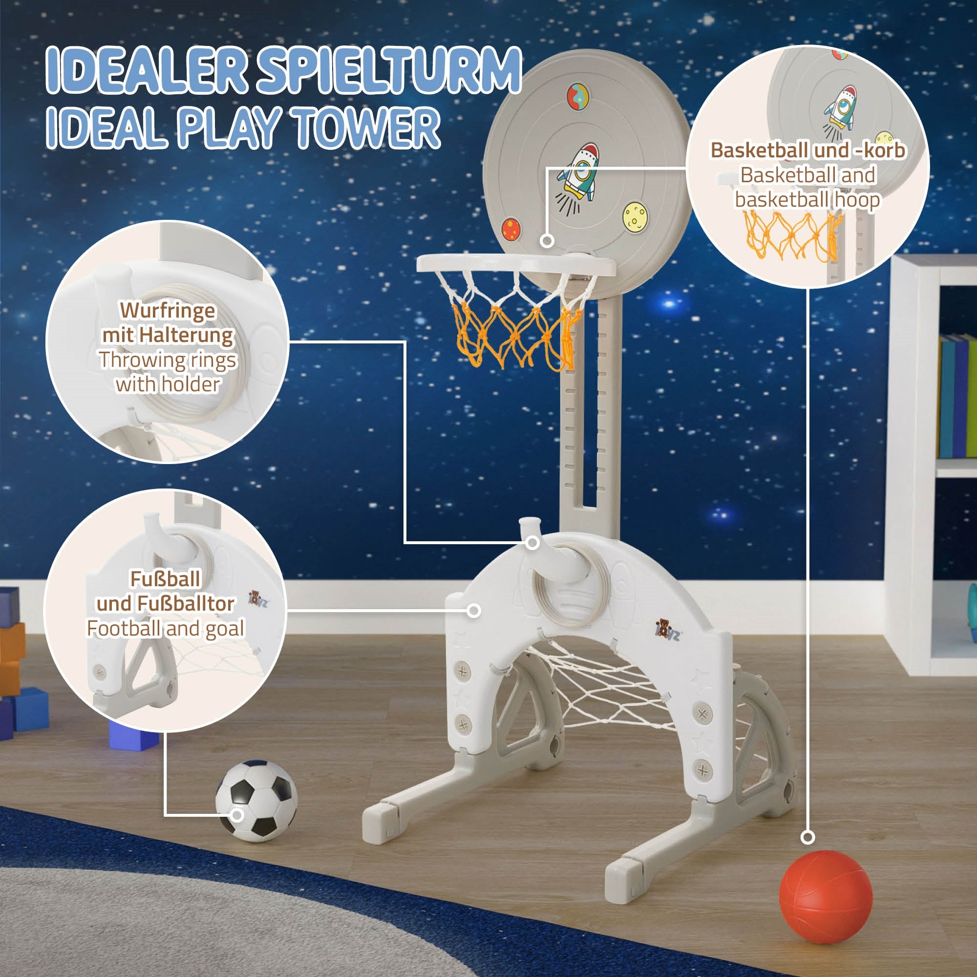 Spielturm mit Basketballkorb und Fußballtor in einem Raum mit Sternenhimmel.