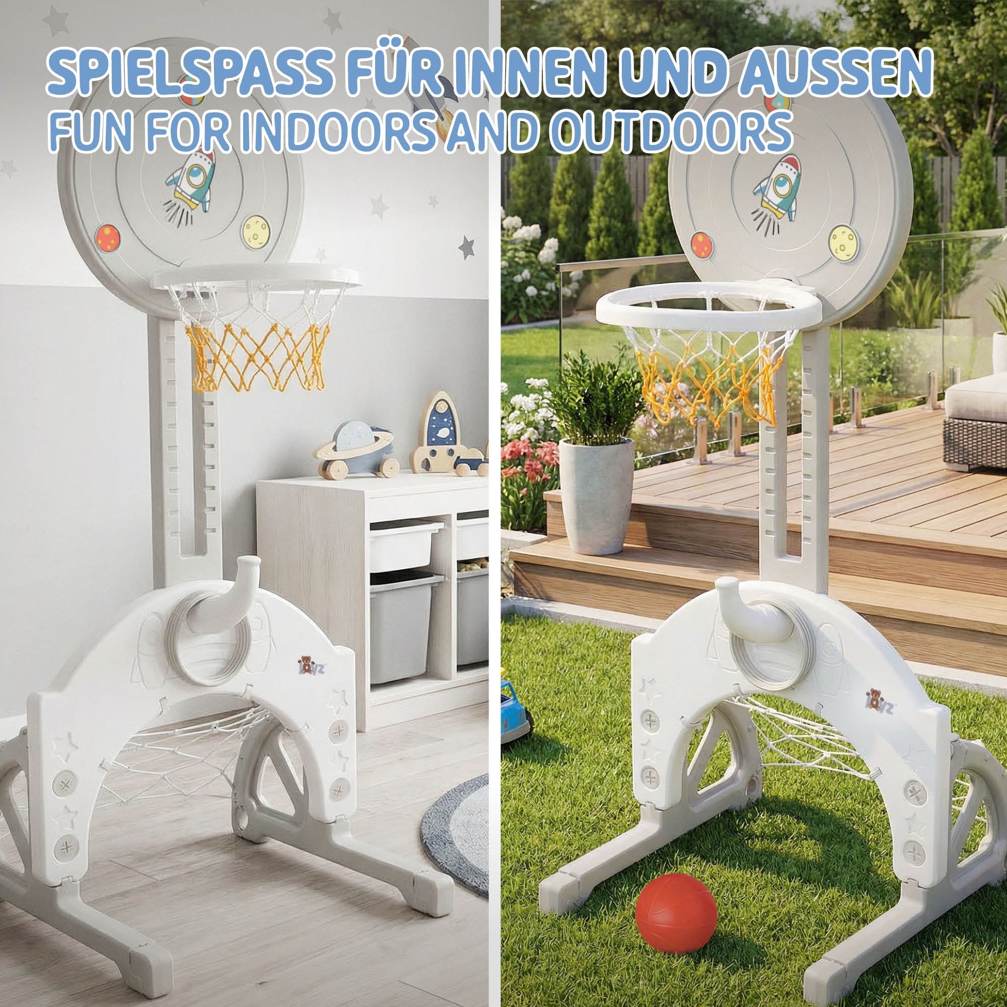 Ein Spielgerät mit Basketballkorb für drinnen und draußen.