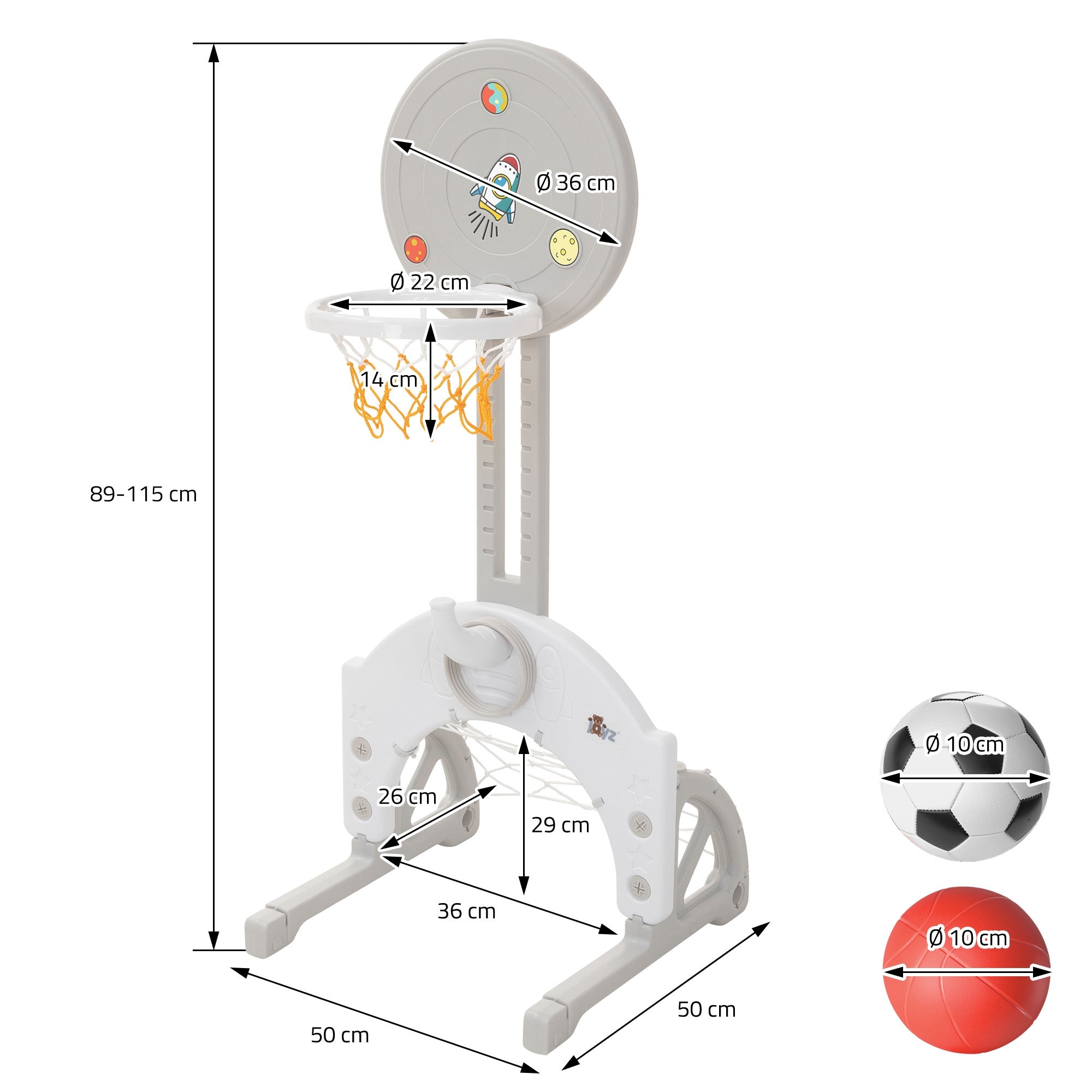 Basketballkorb mit Maßangaben und einem Fußball und einem Basketball.