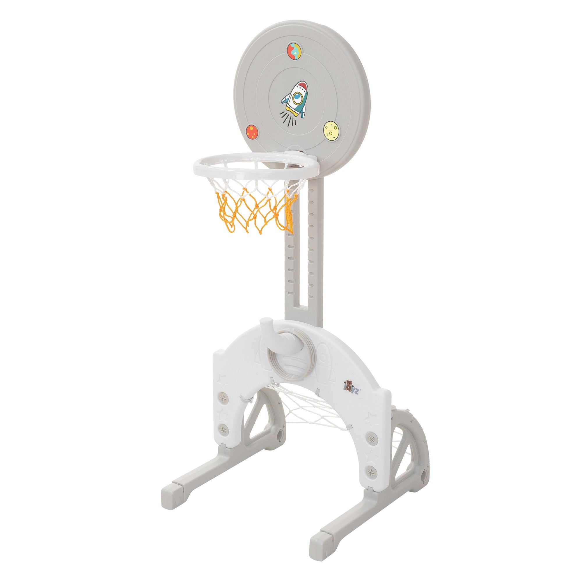 Basketballkorb mit Netz, auf stabiler Halterung.