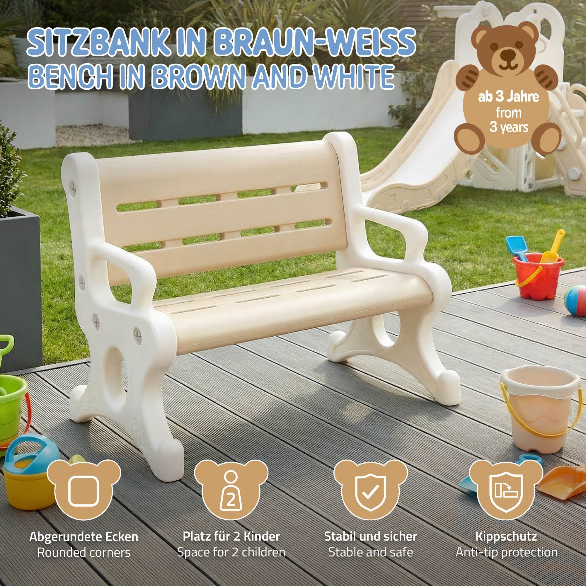 Braune und weiße Sitzbank für zwei Kinder im Freien.