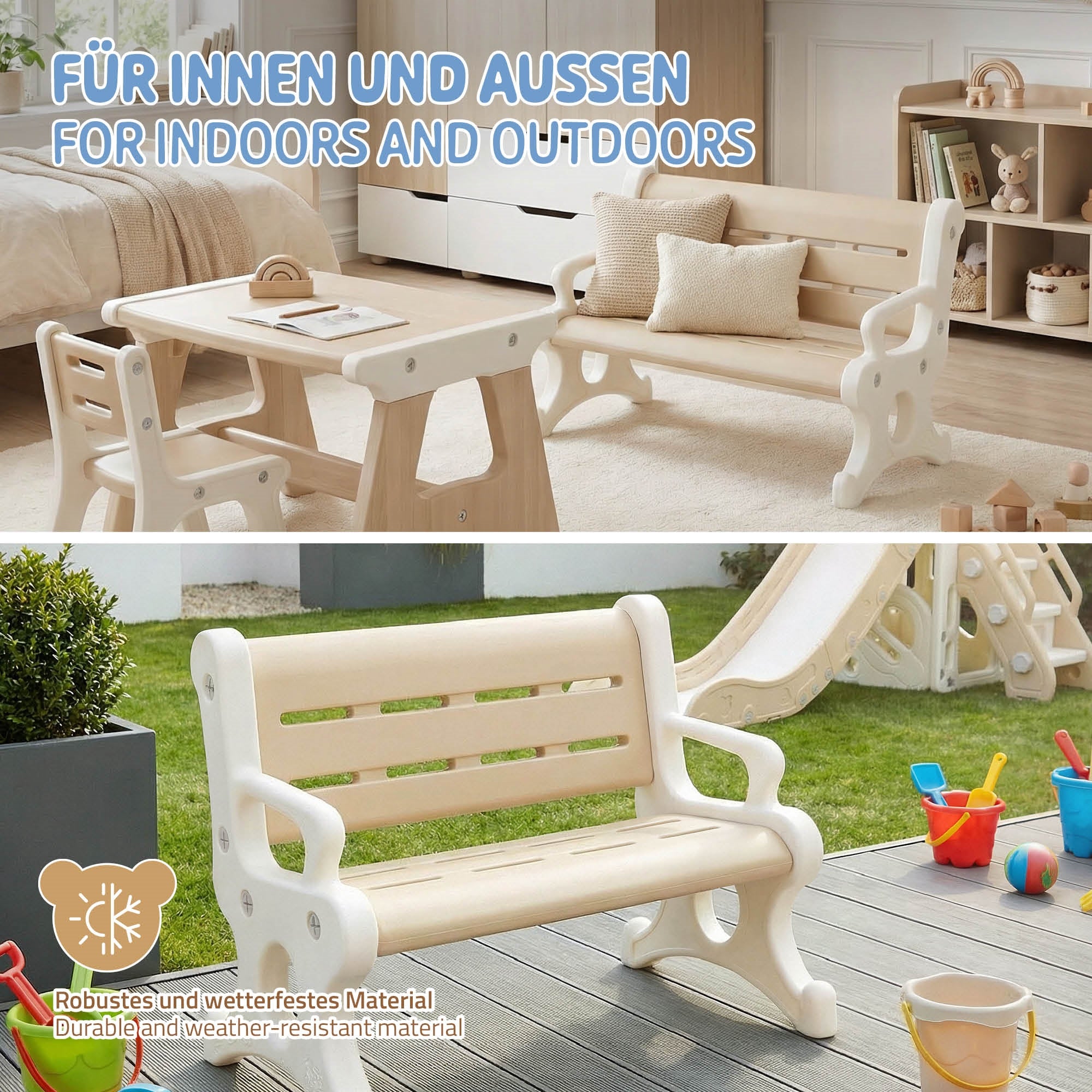Zwei Holzbänke für Innen- und Außenbereich, mit Tisch und Spielplatz.