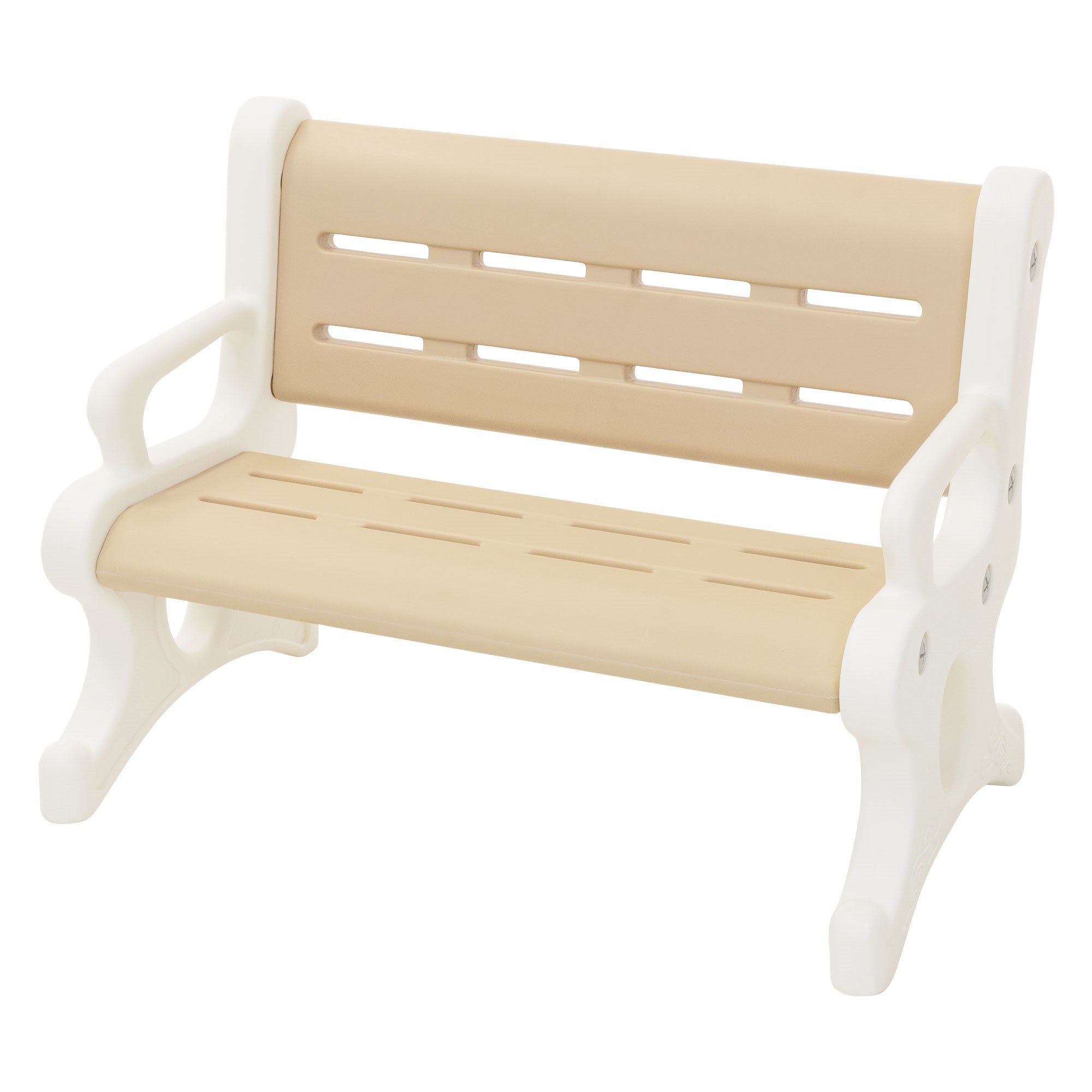 Eine kleine Bank aus Kunststoff in Beige und Weiß.